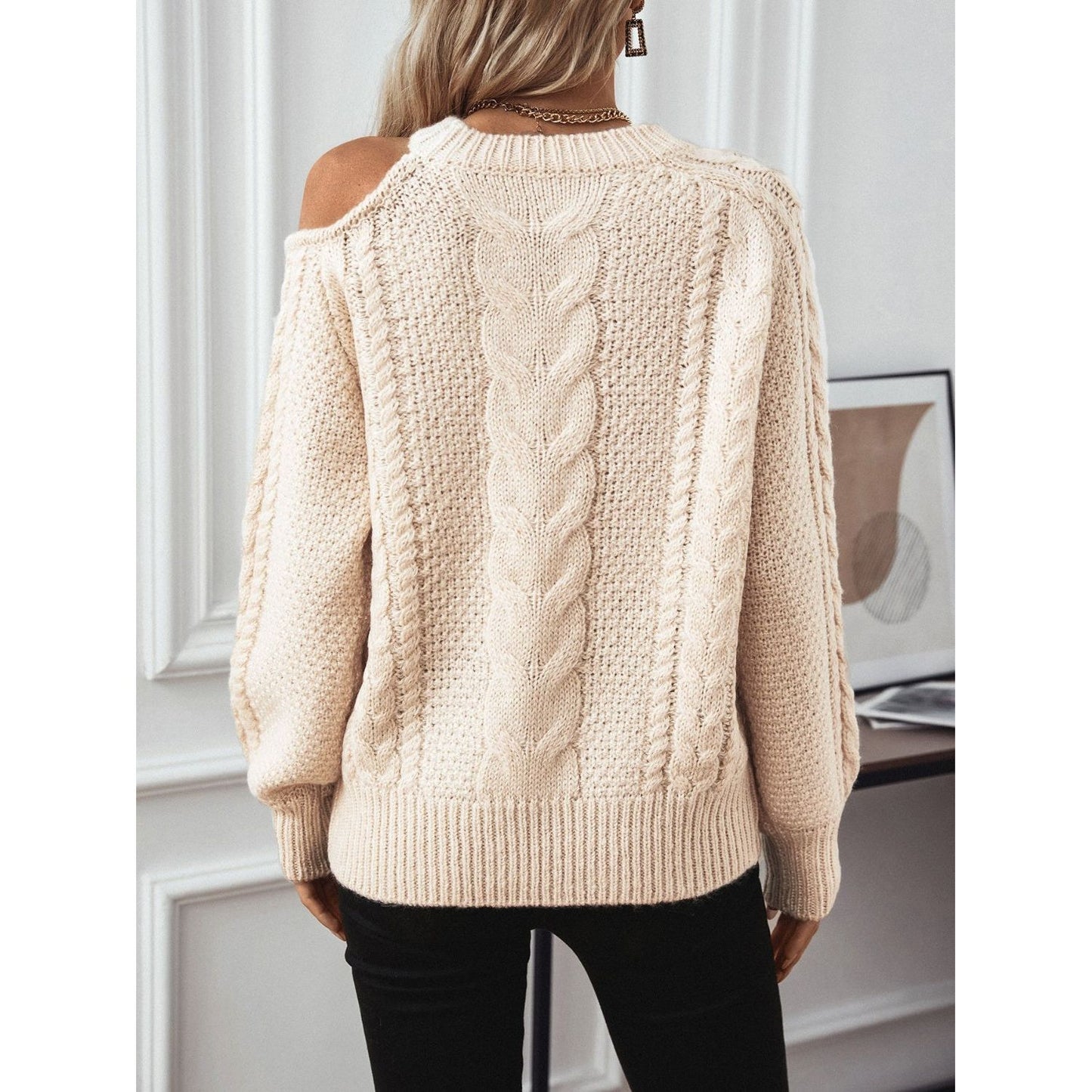 Cable Knit Round Neck Cold Shoulder Sweater