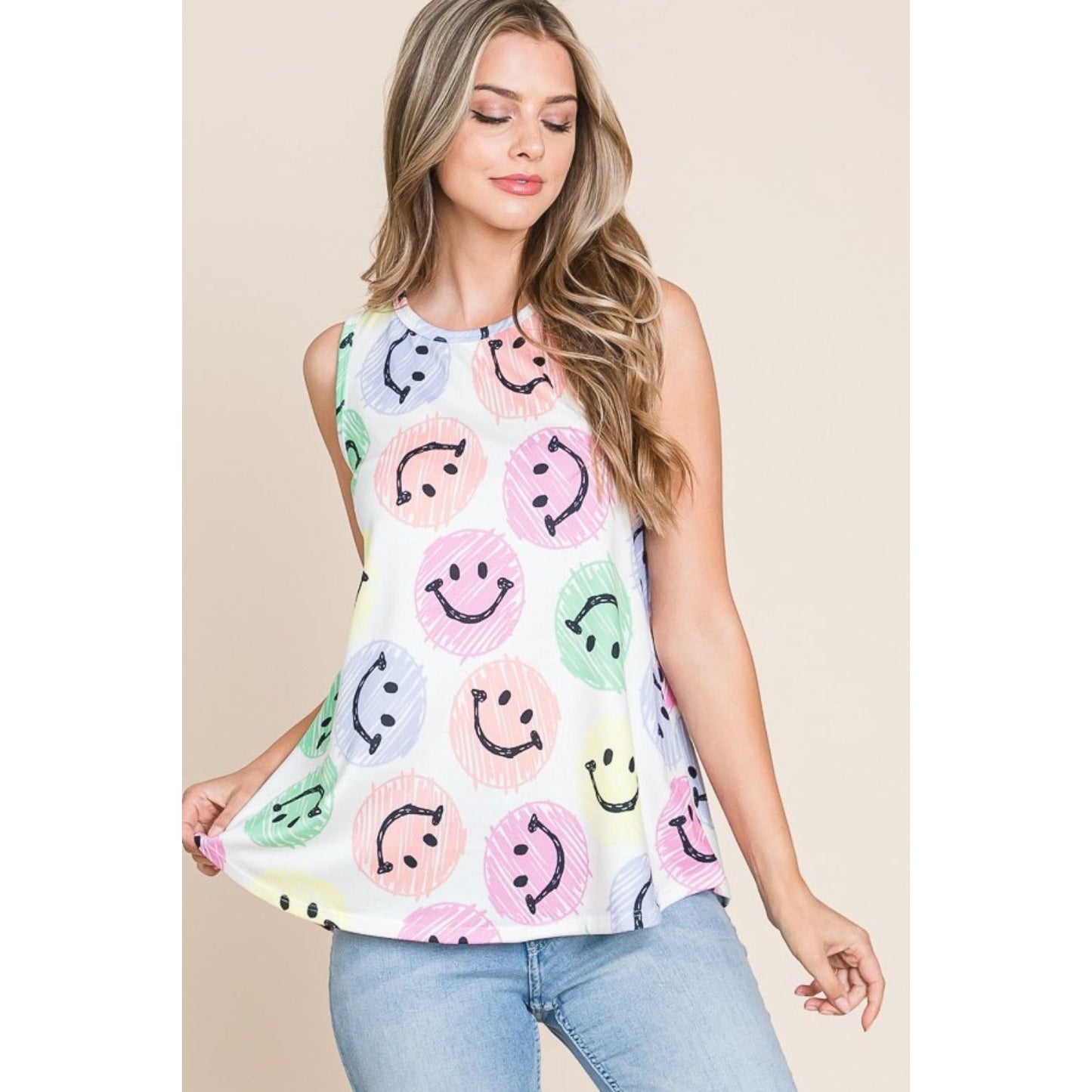 BOMBOM Smiley Face Round Neck Tank