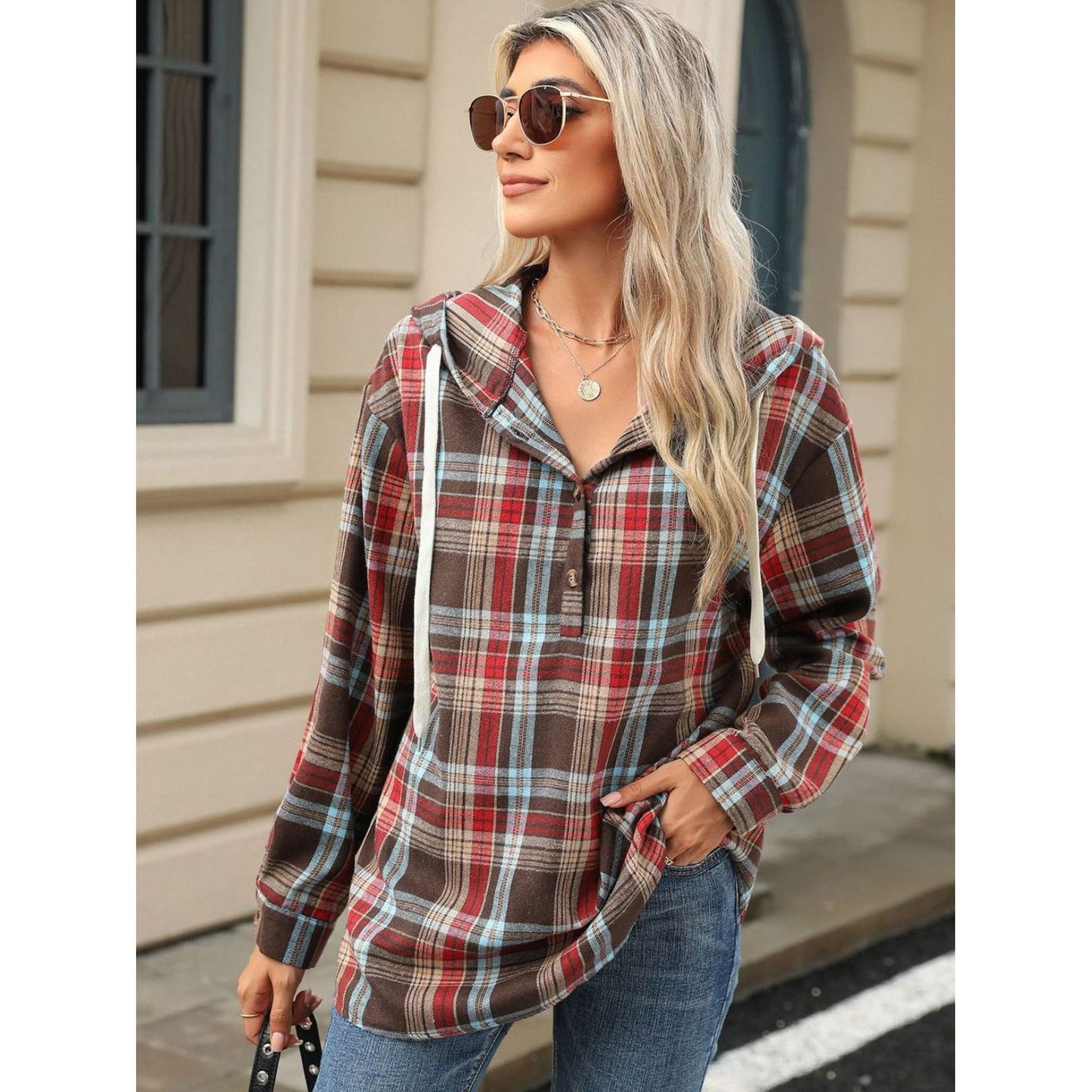 Drawstring Plaid Hooded Long Sleeve Top