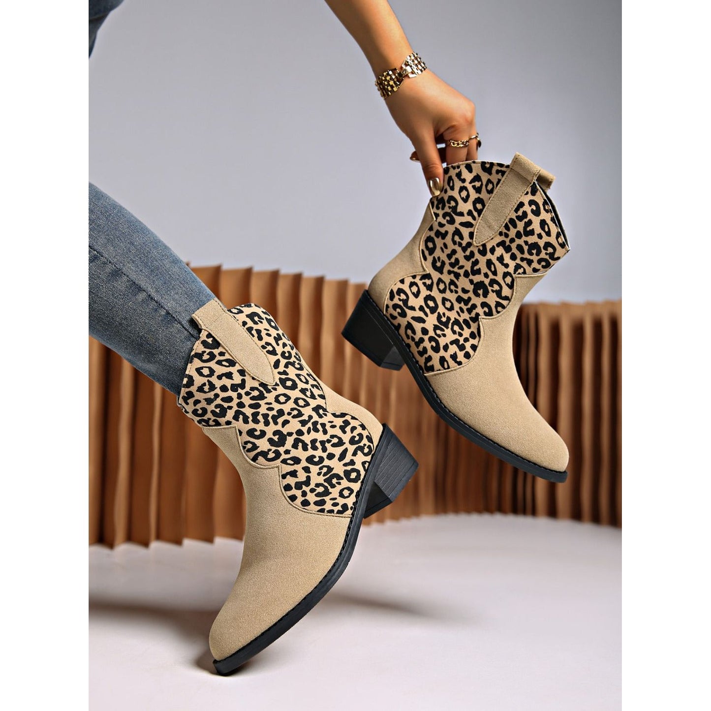 Leopard Suede Block Heel Boots