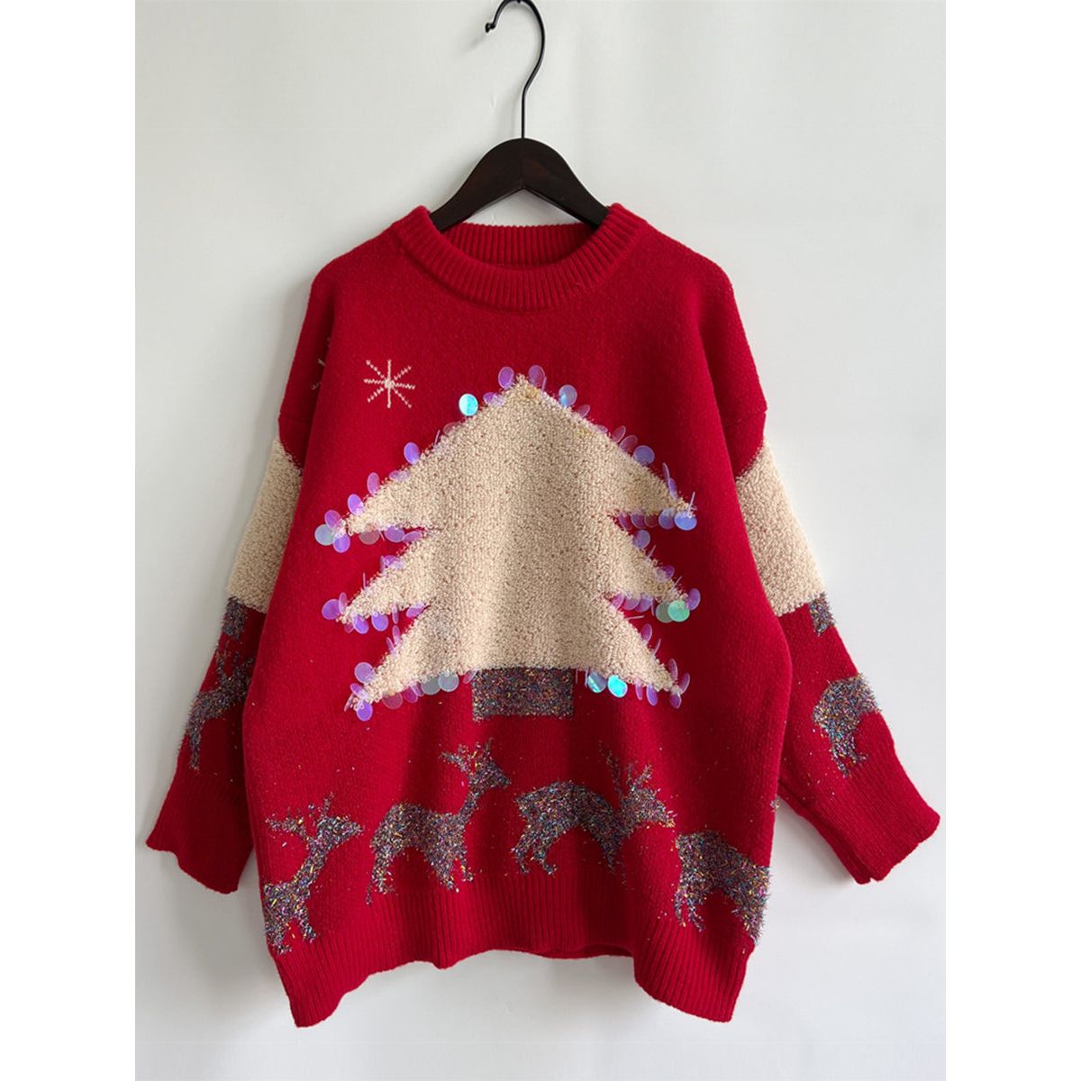 Sequin Christmas Tree & Reindeer Round Neck Sweater