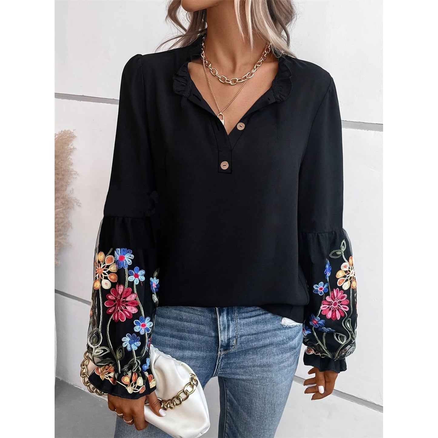 Embroidered Notched Long Sleeve Blouse