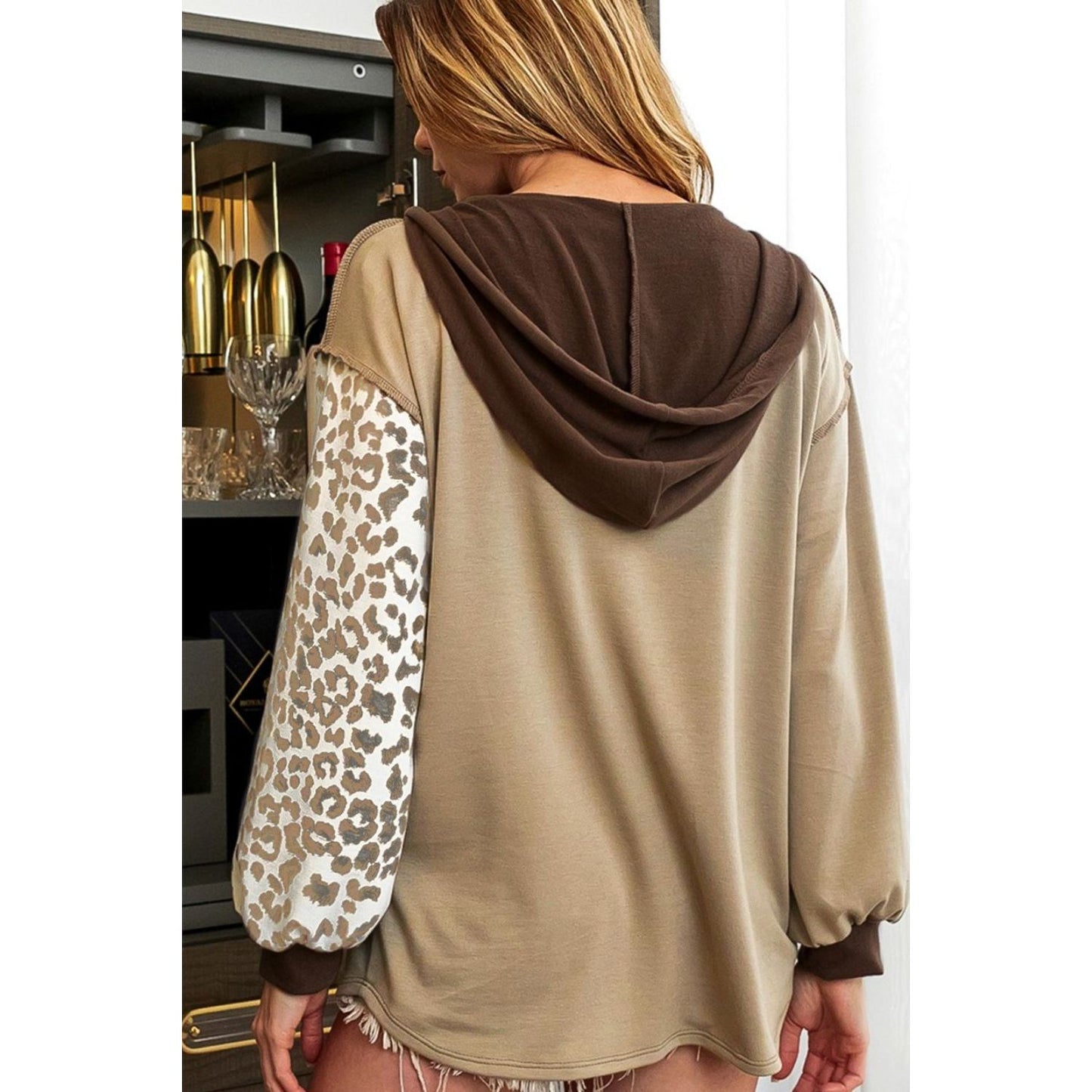 Leopard Drawstring Chest Pocket Hoodie