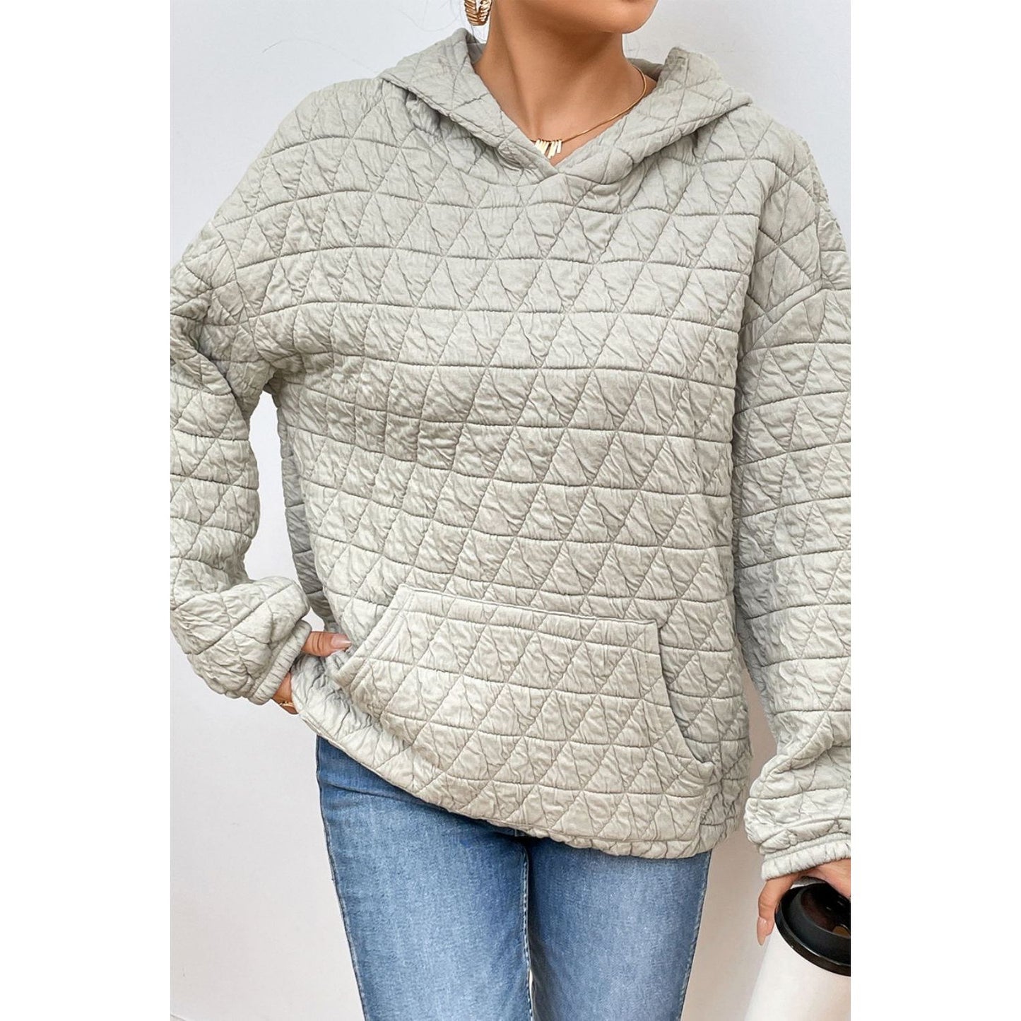 Quilted Long Sleeve Hoodie with Pocket