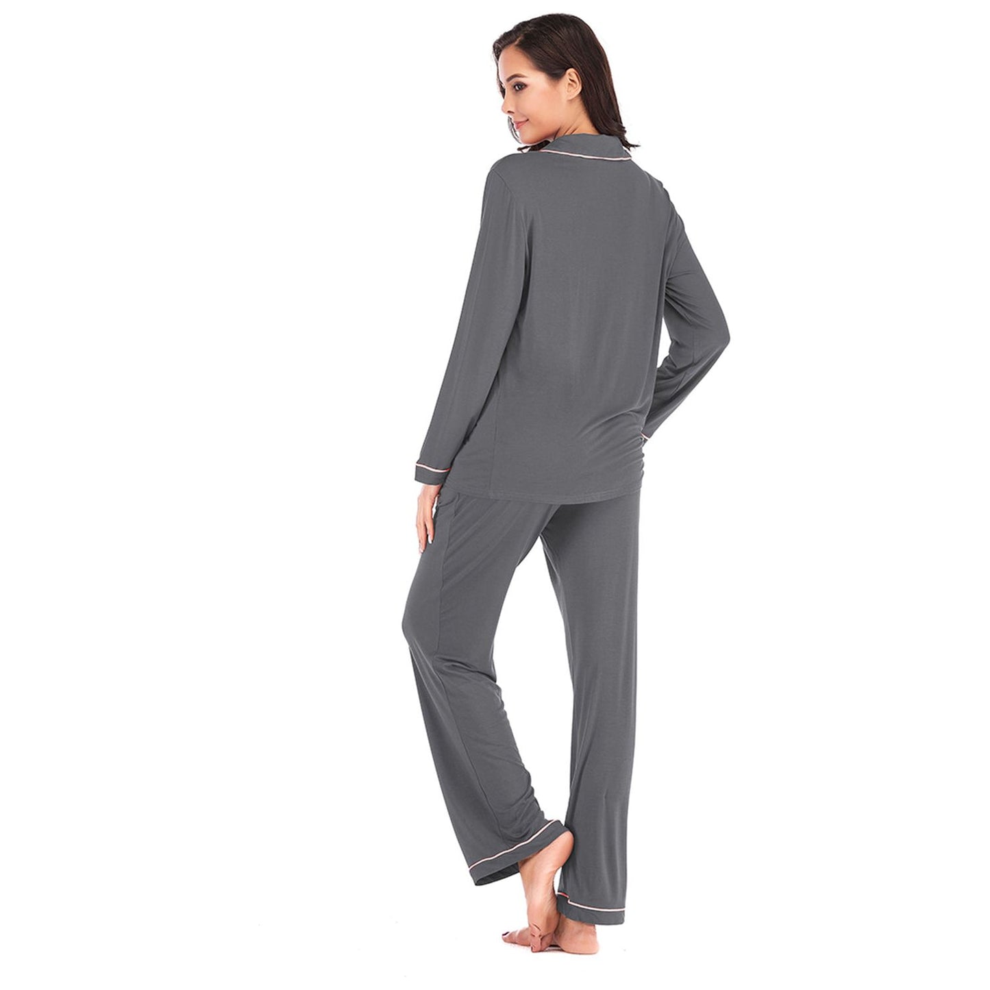 Collared Neck Long Sleeve Loungewear Set with Pockets