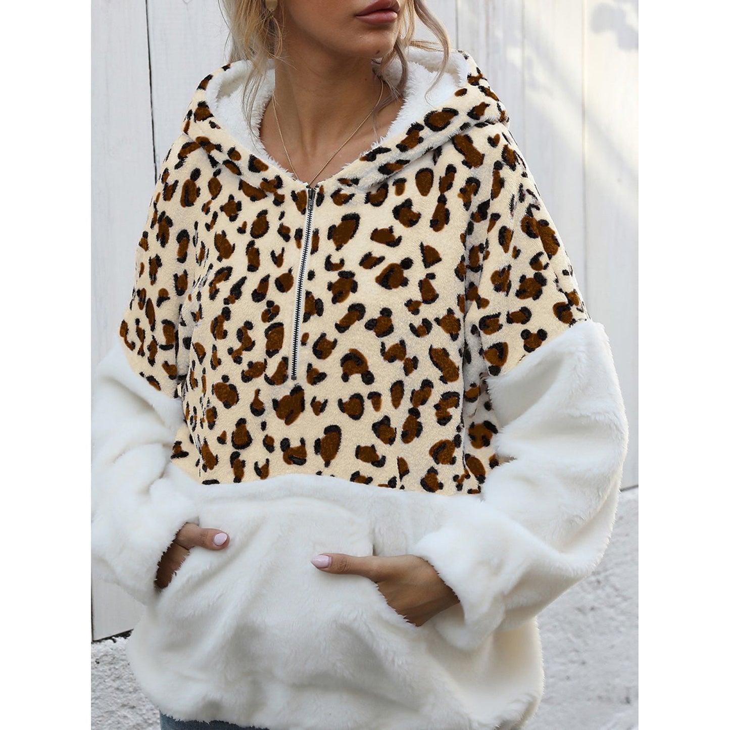 Shiny Leopard Half-Zip Dropped Shoulder Hoodie