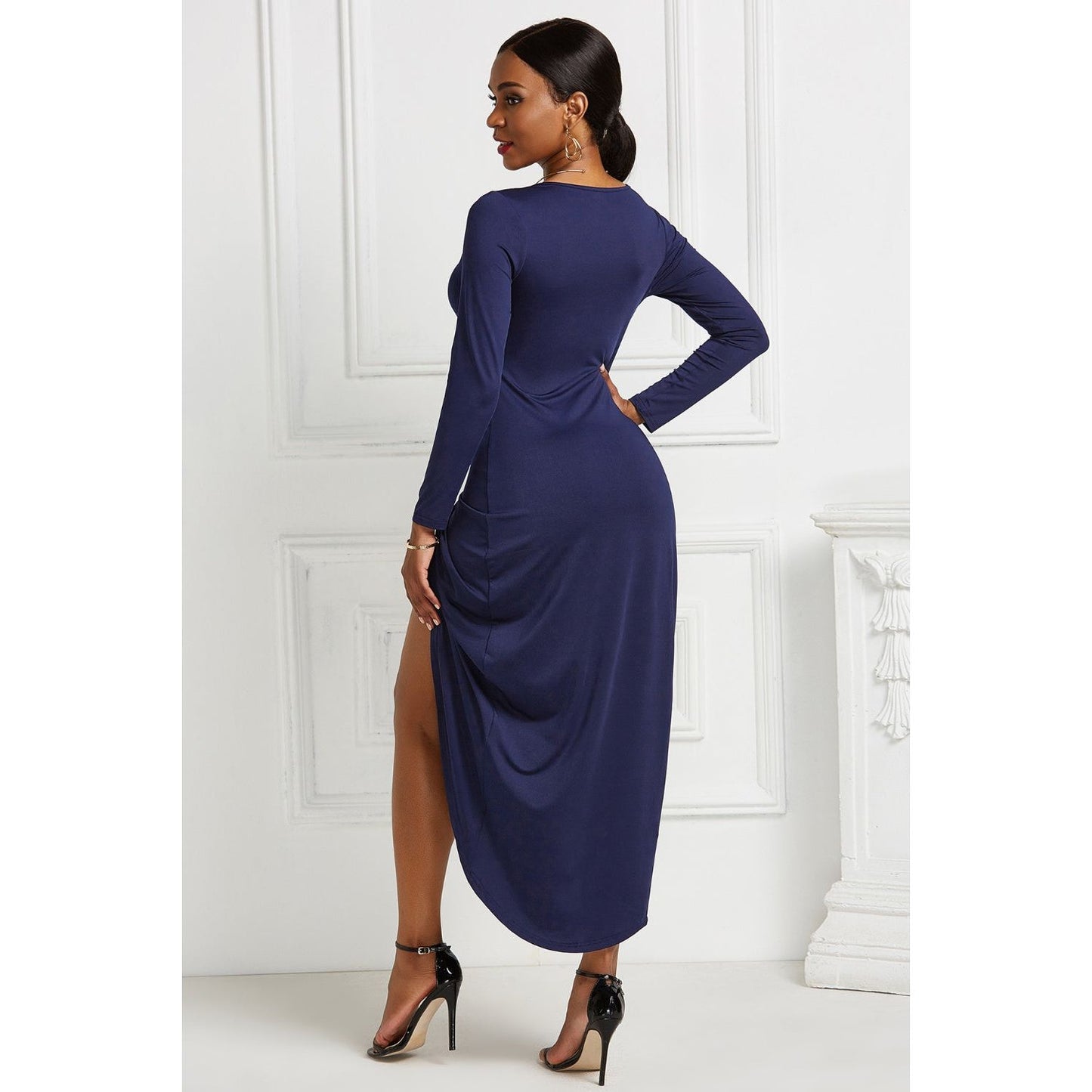 High-low Ruched Surplice Long Sleeve Dress