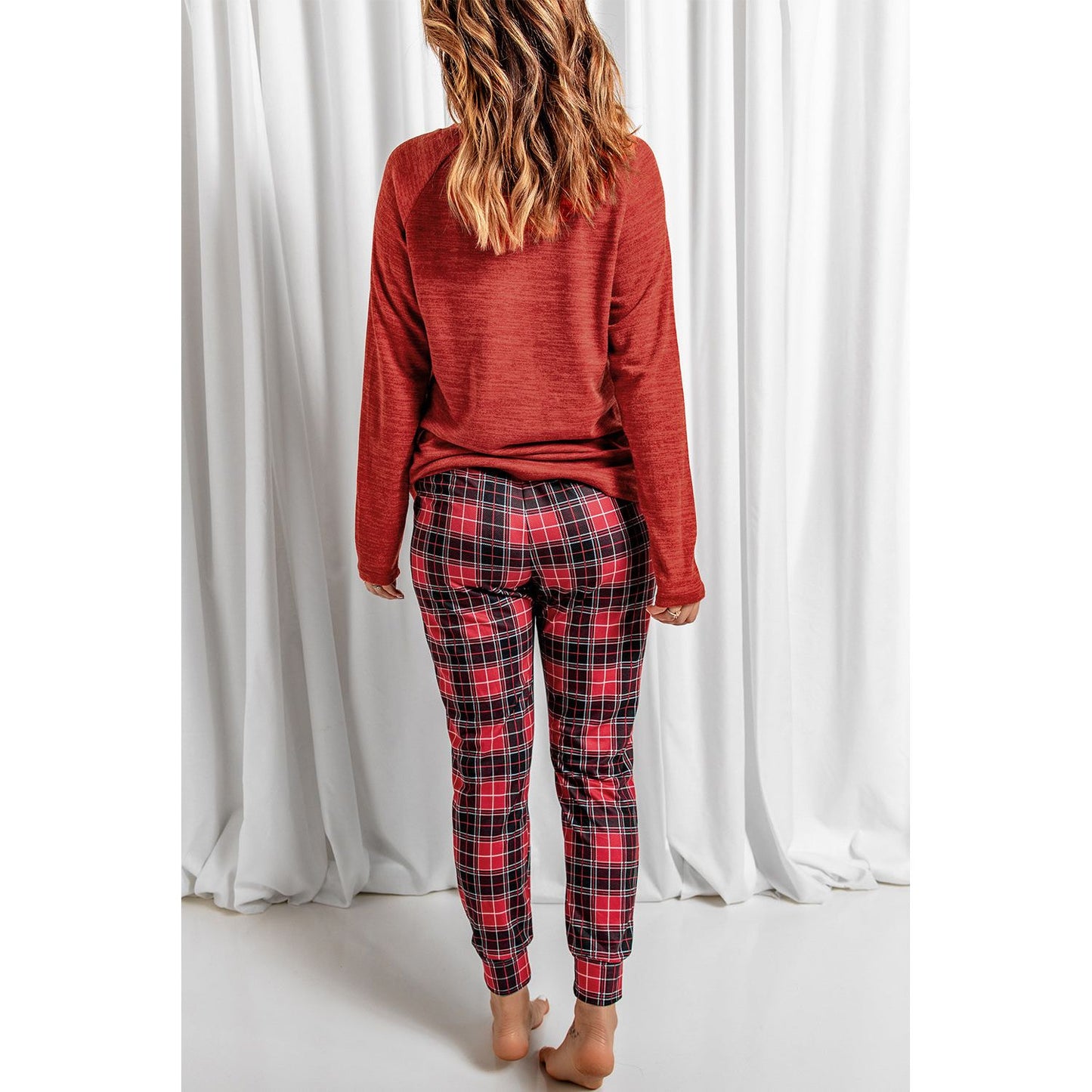 Round Neck Top and Drawstring Plaid Pants Lounge Set