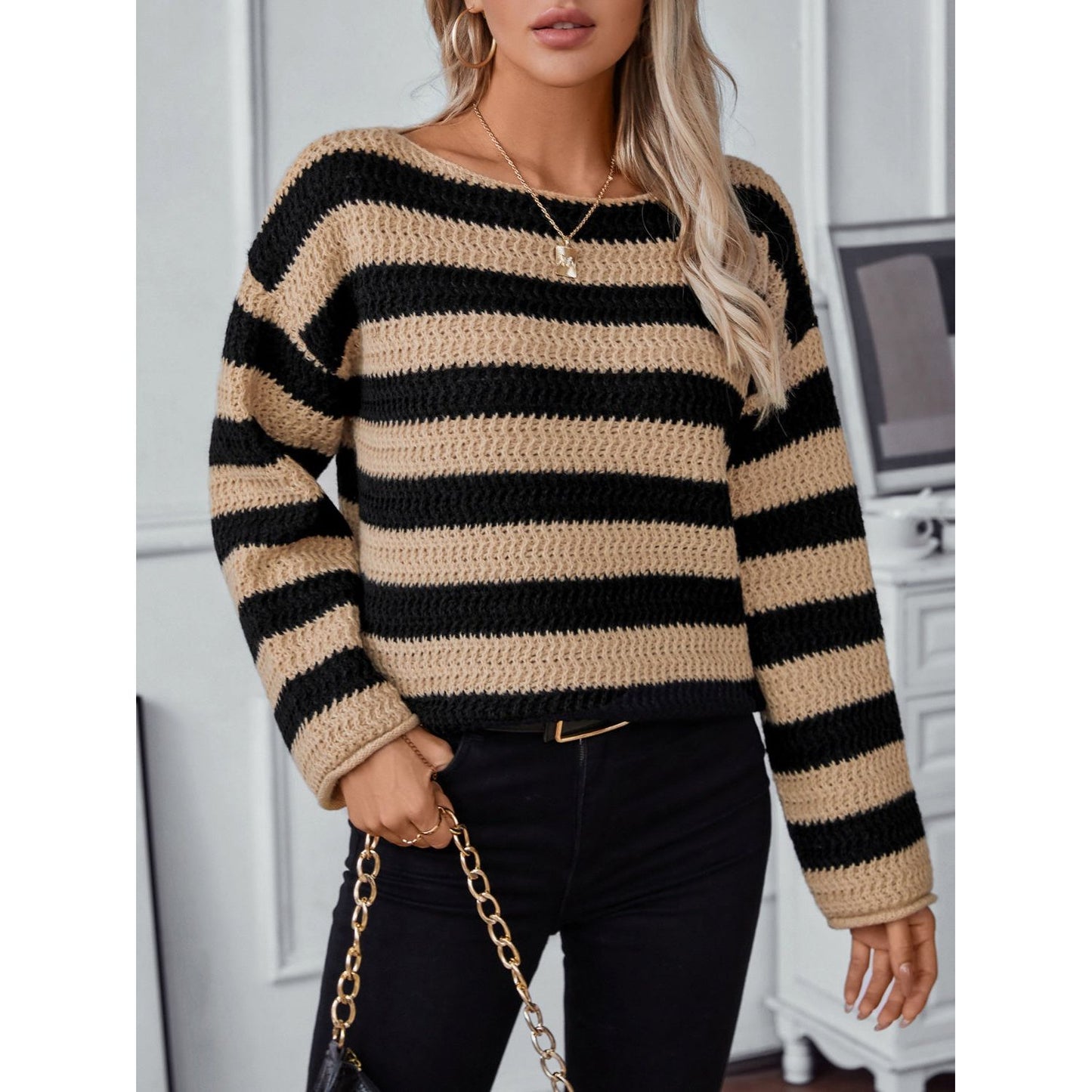 Striped Dropped Shoulder Long Sleeve Sweater