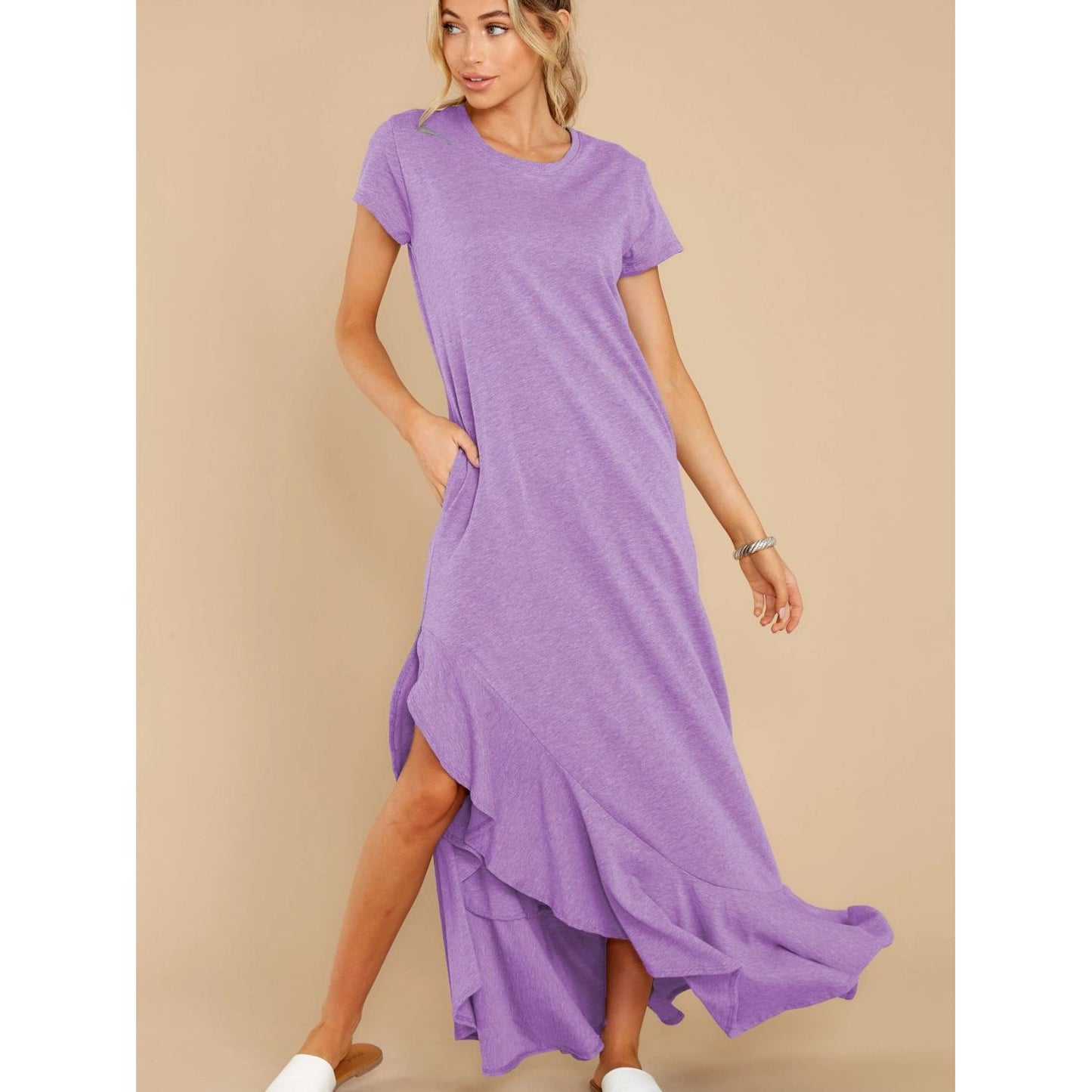 Slit Round Neck Short Sleeve Maxi Dress