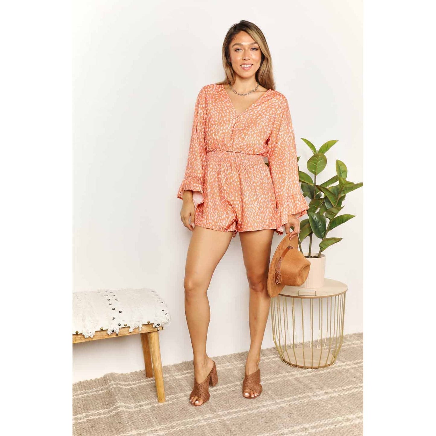 Double Take Printed Flare Sleeve Surplice Romper