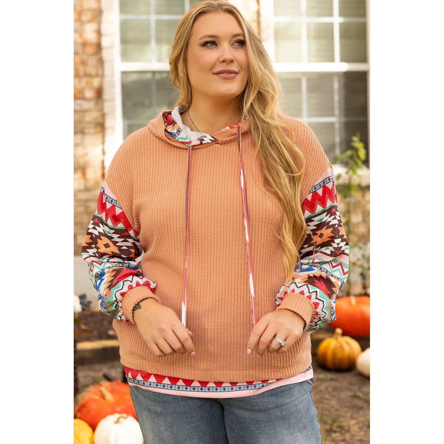 Plus Size Drawstring Geometric Long Sleeve Hoodie