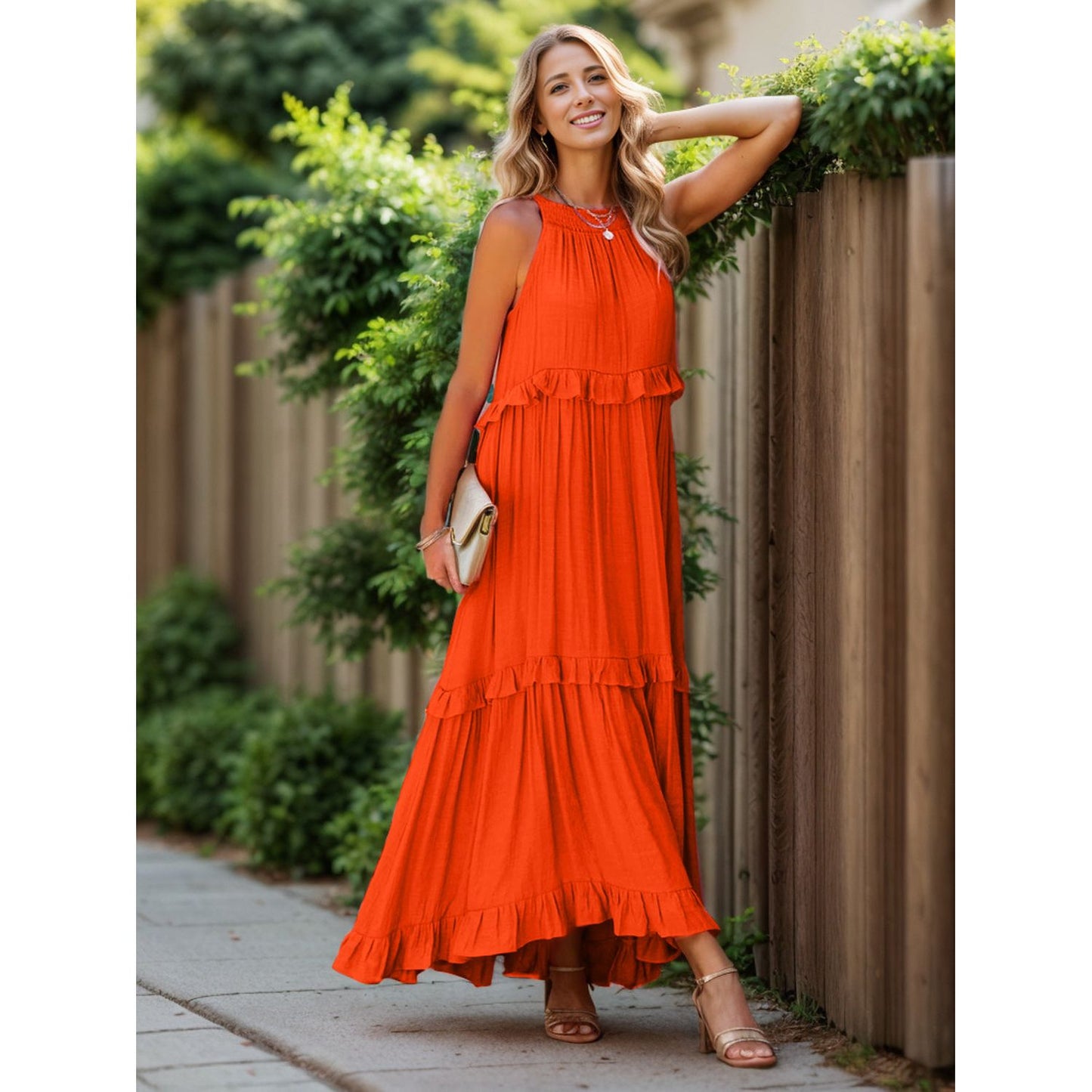 Ruffled Sleeveless Tiered Maxi Dress with Pockets