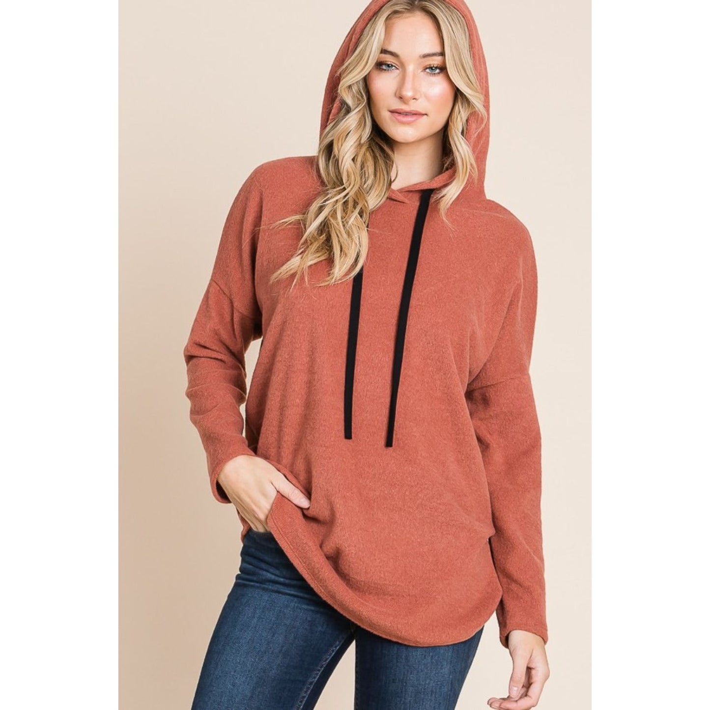 BOMBOM Contrast Drawstring Drop Shoulder Knit Hoodie