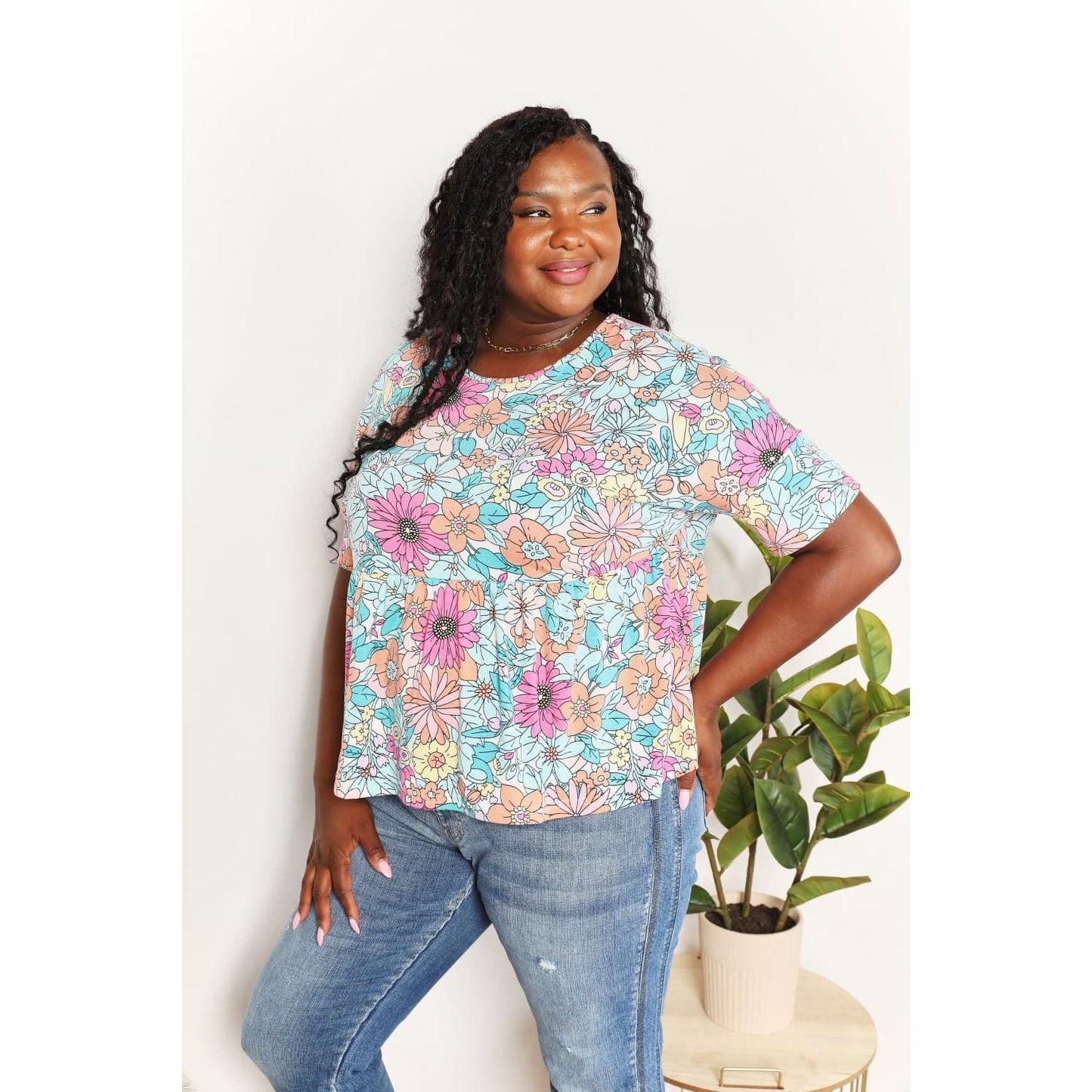 Double Take Floral Round Neck Babydoll Top