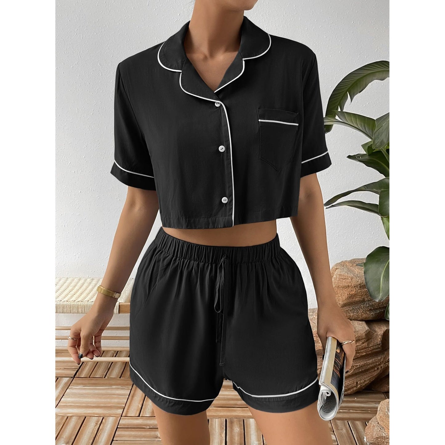 Ivy Lane Contrast Lapel Collar Cropped Shirt and Shorts Lounge Set