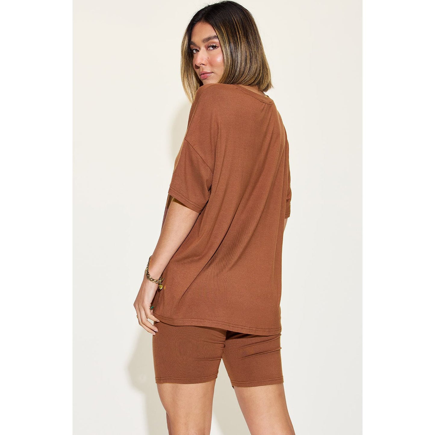 Basic Bae Full Size V-Neck Drop Shoulder T-Shirt and Shorts Set