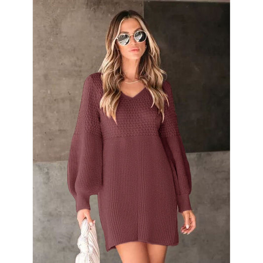 Perfee V-Neck Long Sleeve Sweater Dress