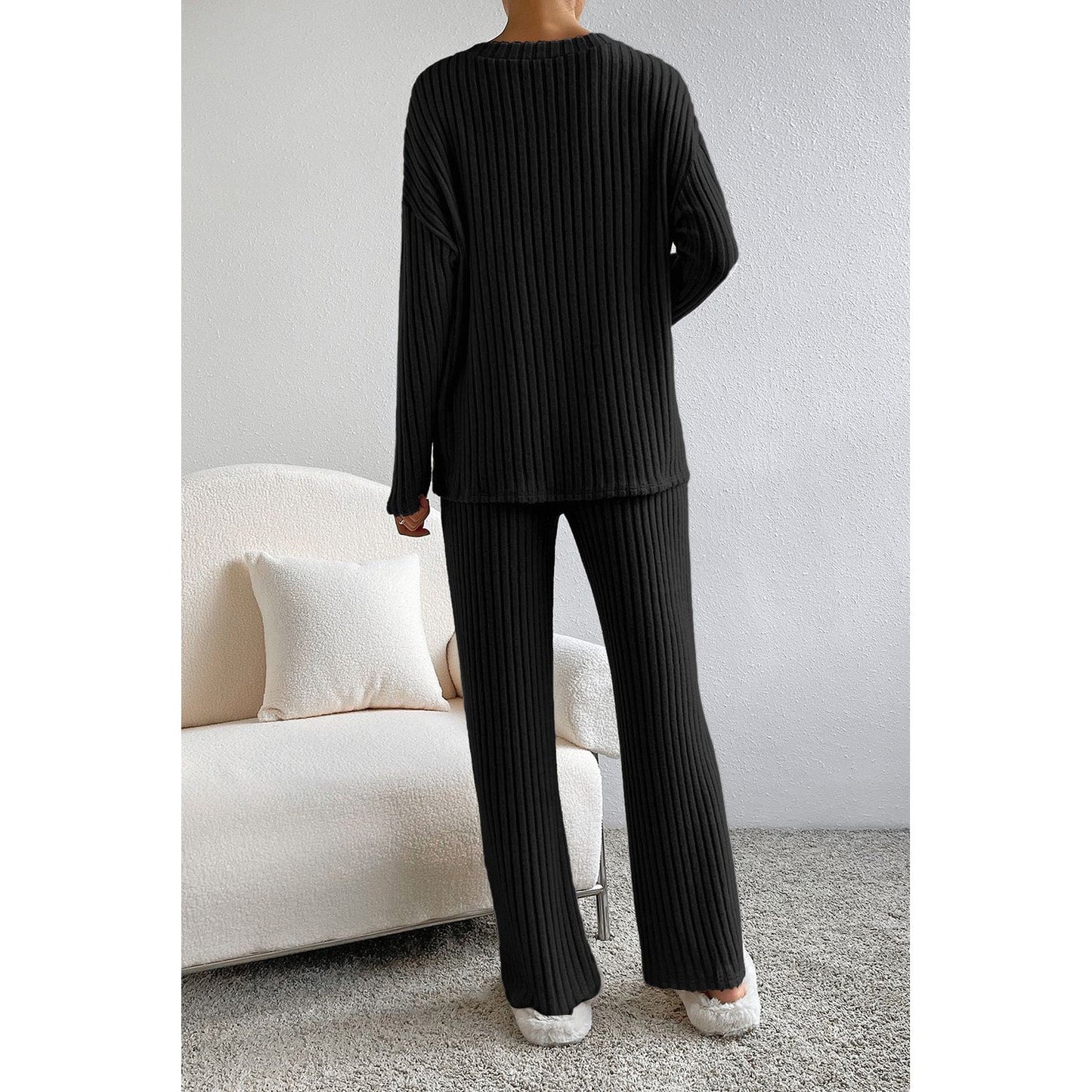 Ribbed V-Neck Top and Pants Lounge Set