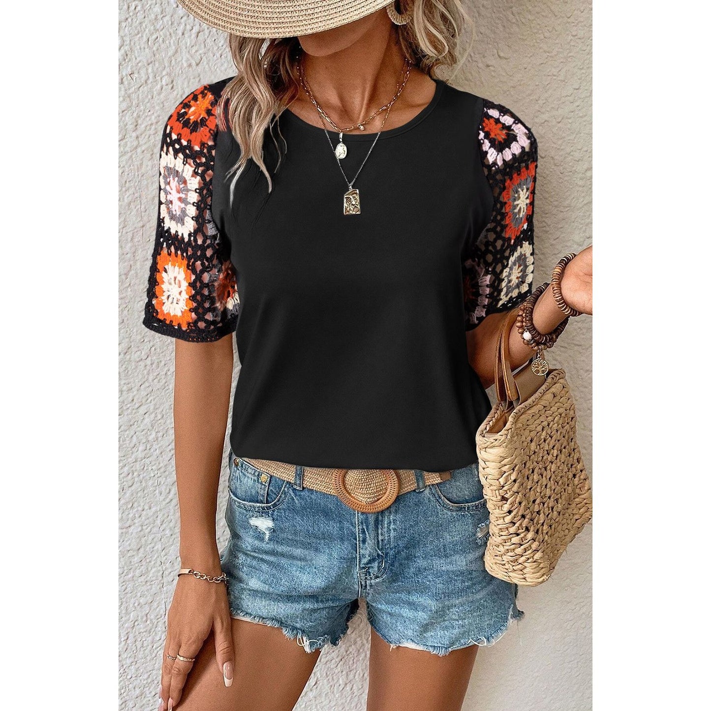 Geometric Round Neck Short Sleeve Blouse