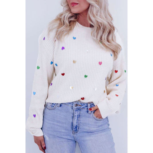 Heart Sequin Round Neck Long Sleeve Sweater