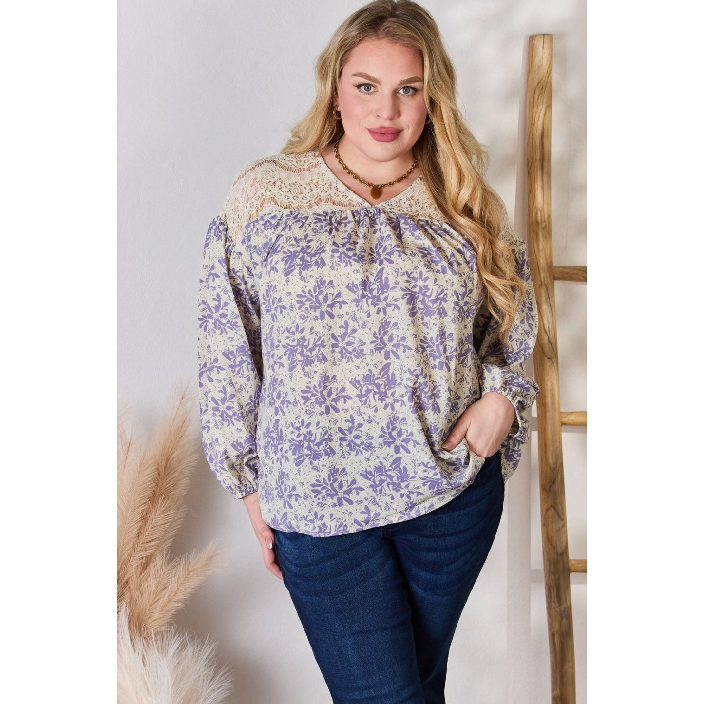 Hailey & Co Full Size Lace Detail Printed Blouse