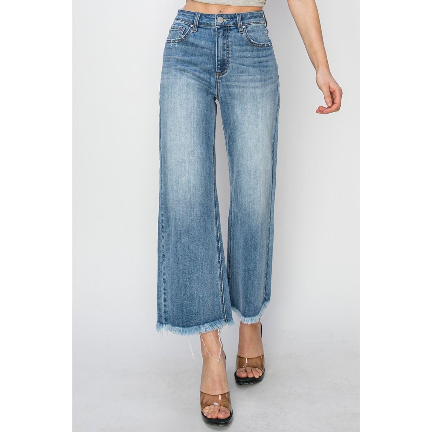 RISEN Raw Hem Cropped Wide Leg Jeans