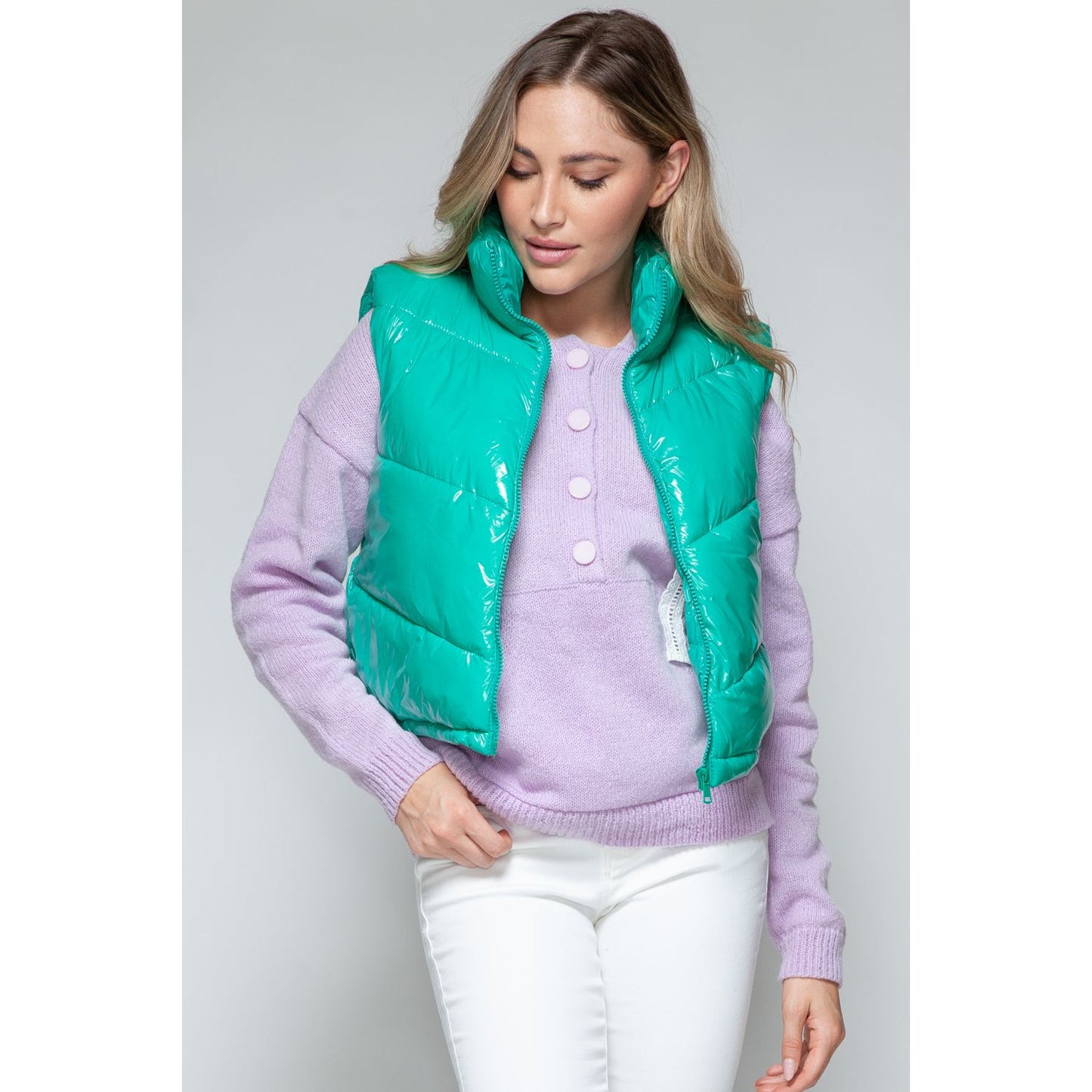 Snobbish Zip Up Turtleneck Shiny Quilted Vest