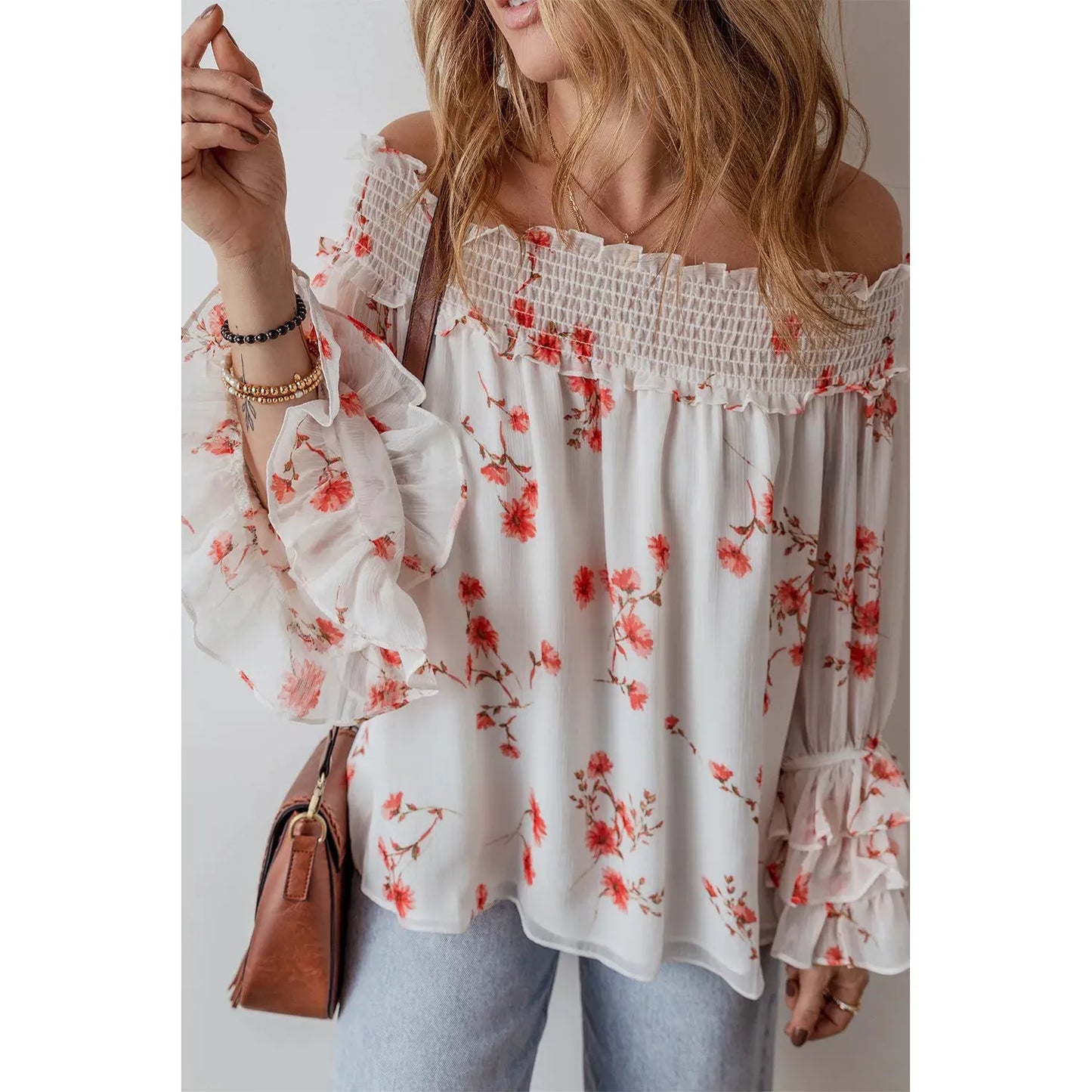 Printed Off-Shoulder Long Sleeve Blouse