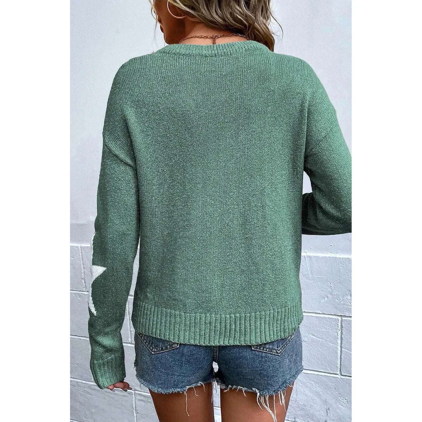 Star Round Neck Dropped Shoulder Sweater