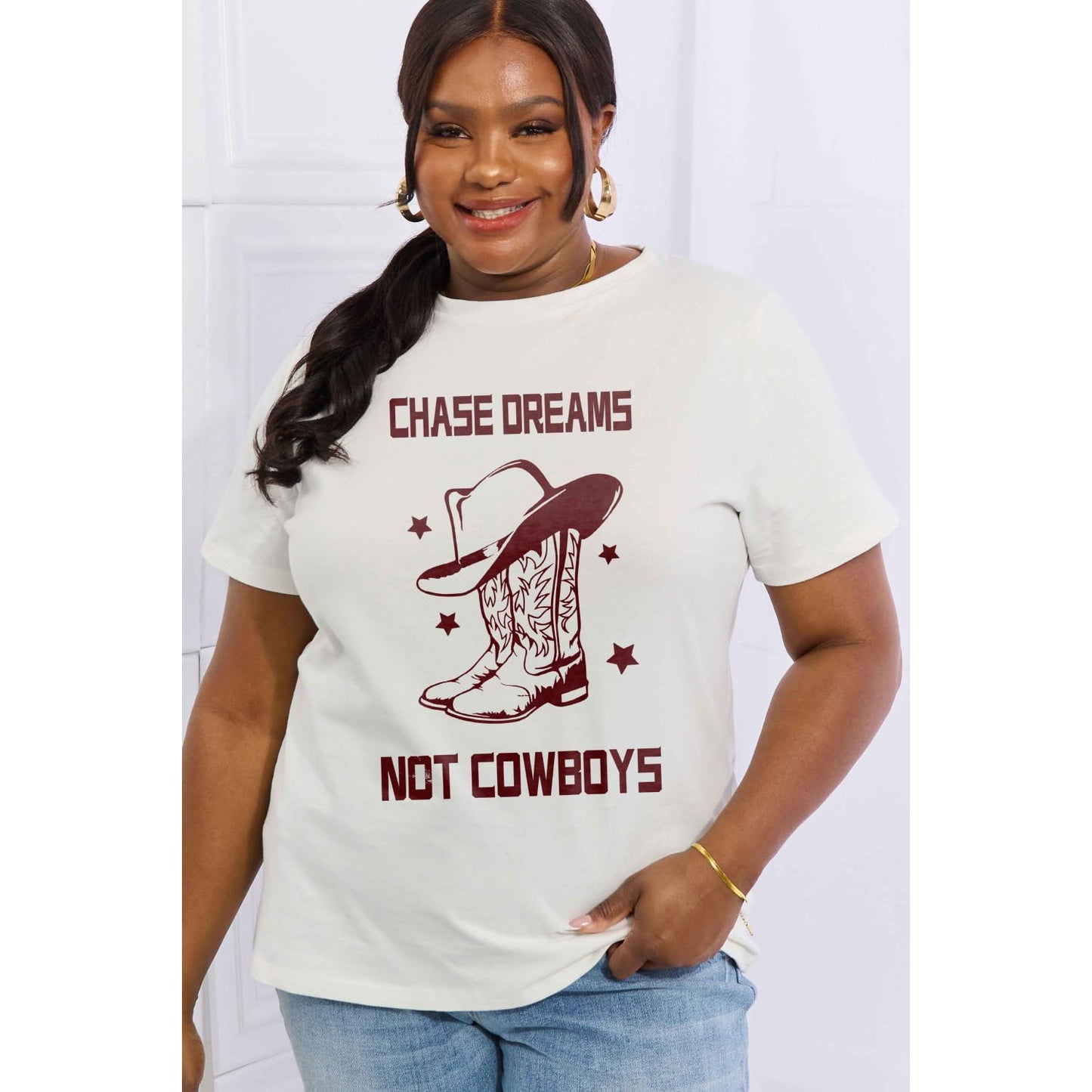 Simply Love Simply Love Full Size CHASE DREAMS NOT COWBOYS Graphic Cotton Tee