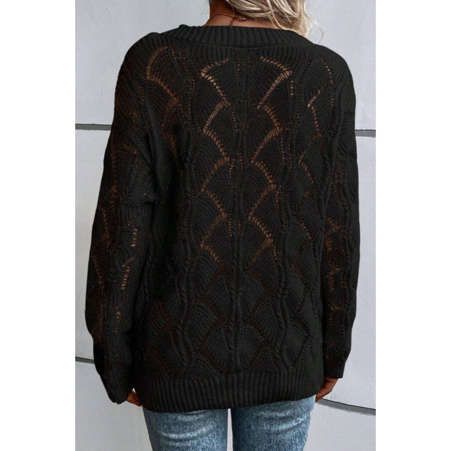 Openwork V-Neck Long Sleeve Sweater