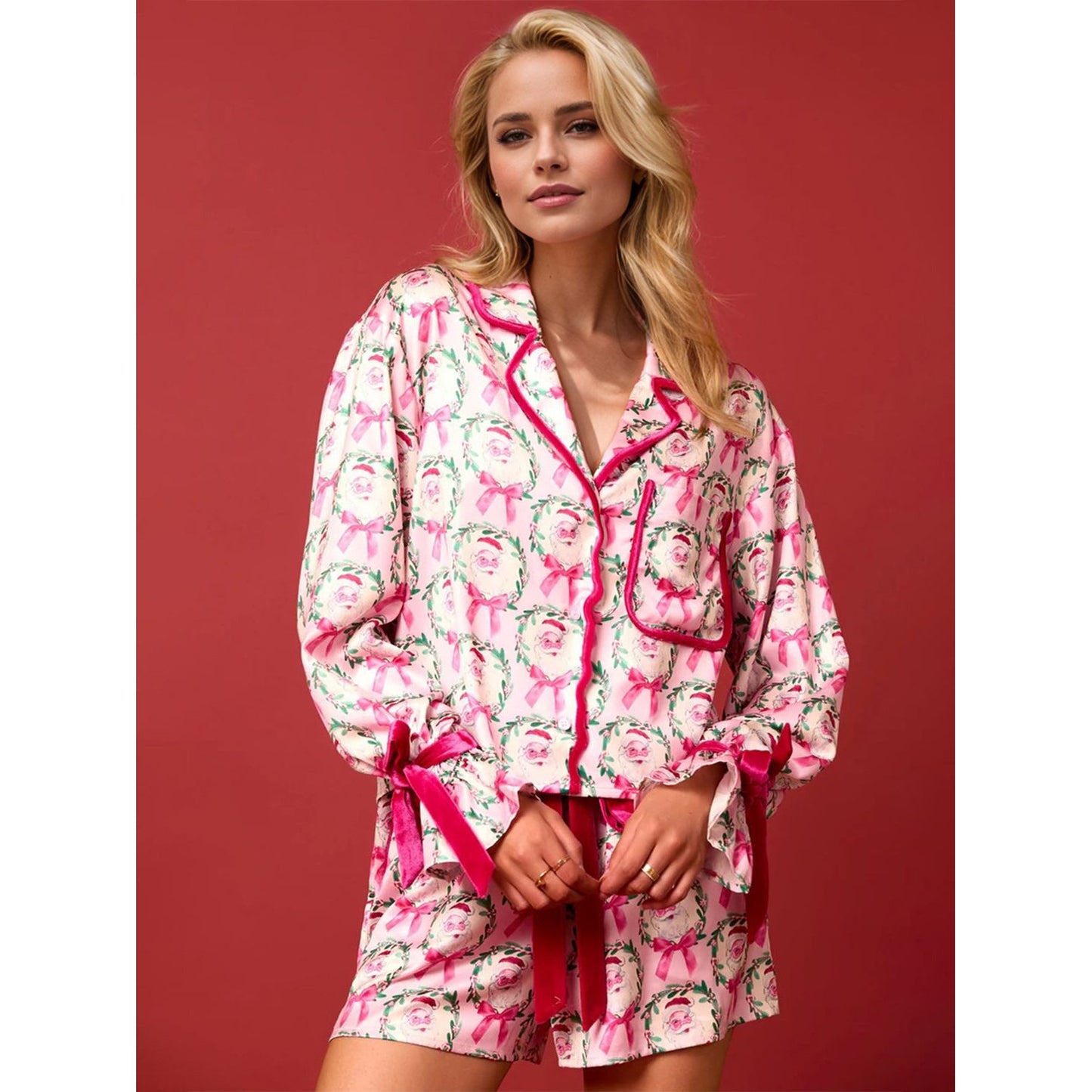 Tied Printed Collared Neck Long Sleeve Top and Shorts Set