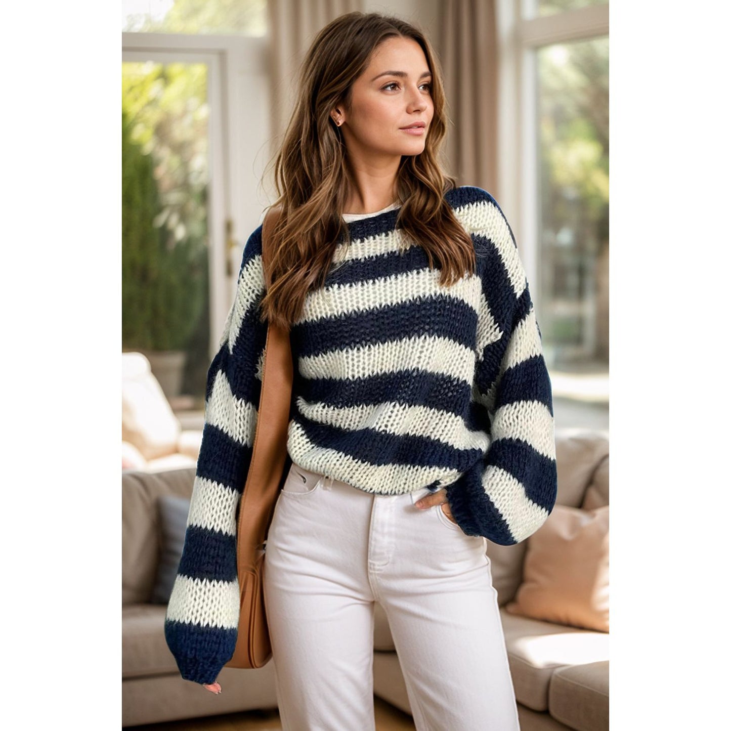 Striped Boat Neck Long Sleeve Sweater