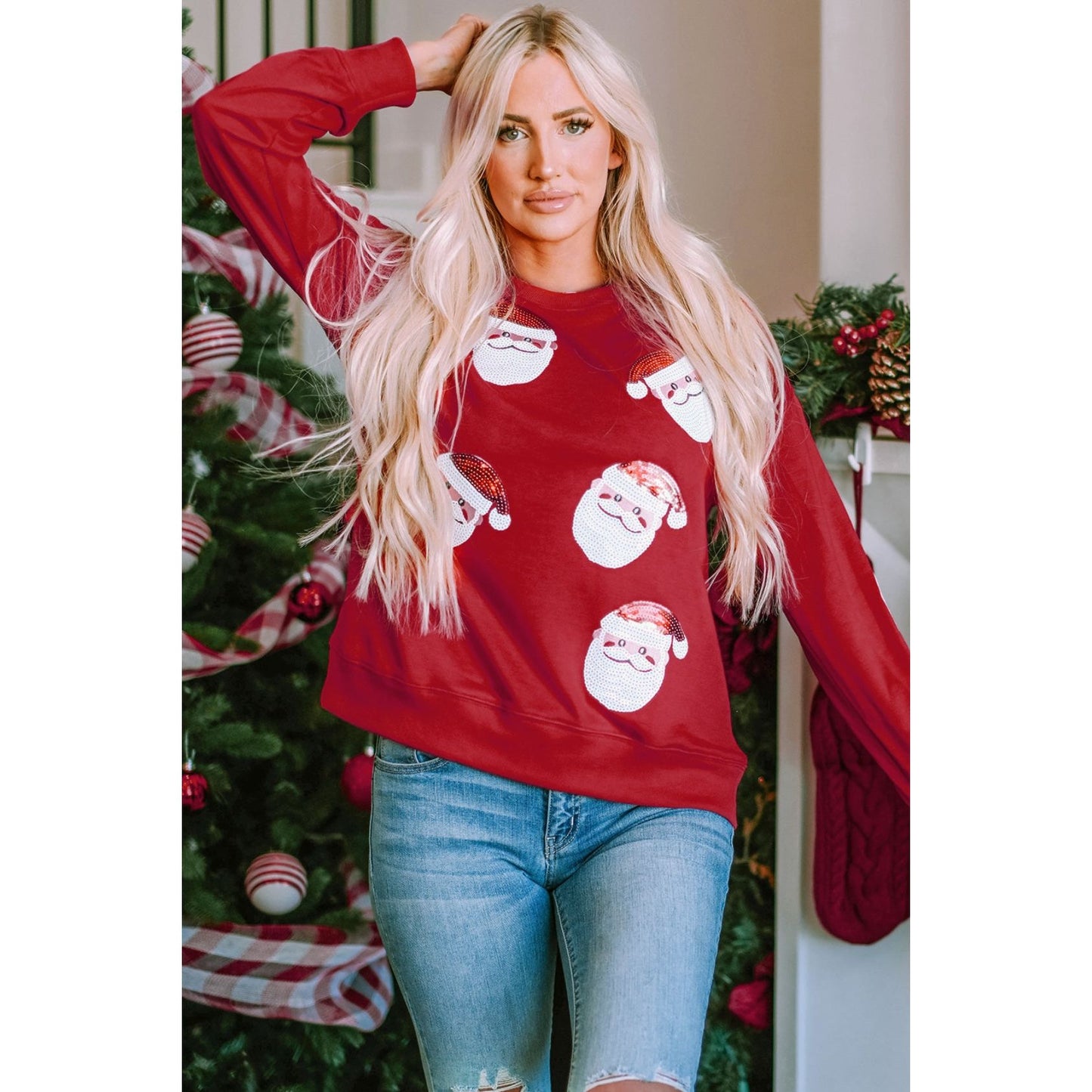 Sequin Santa Patch Round Neck Sweatshirt