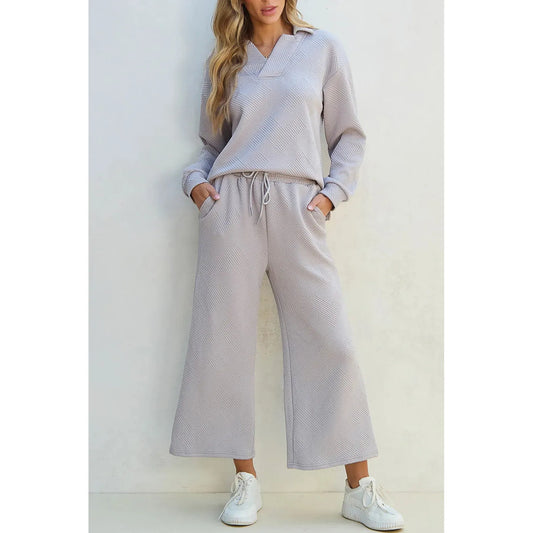 Textured Long Sleeve Top and Drawstring Pants Set