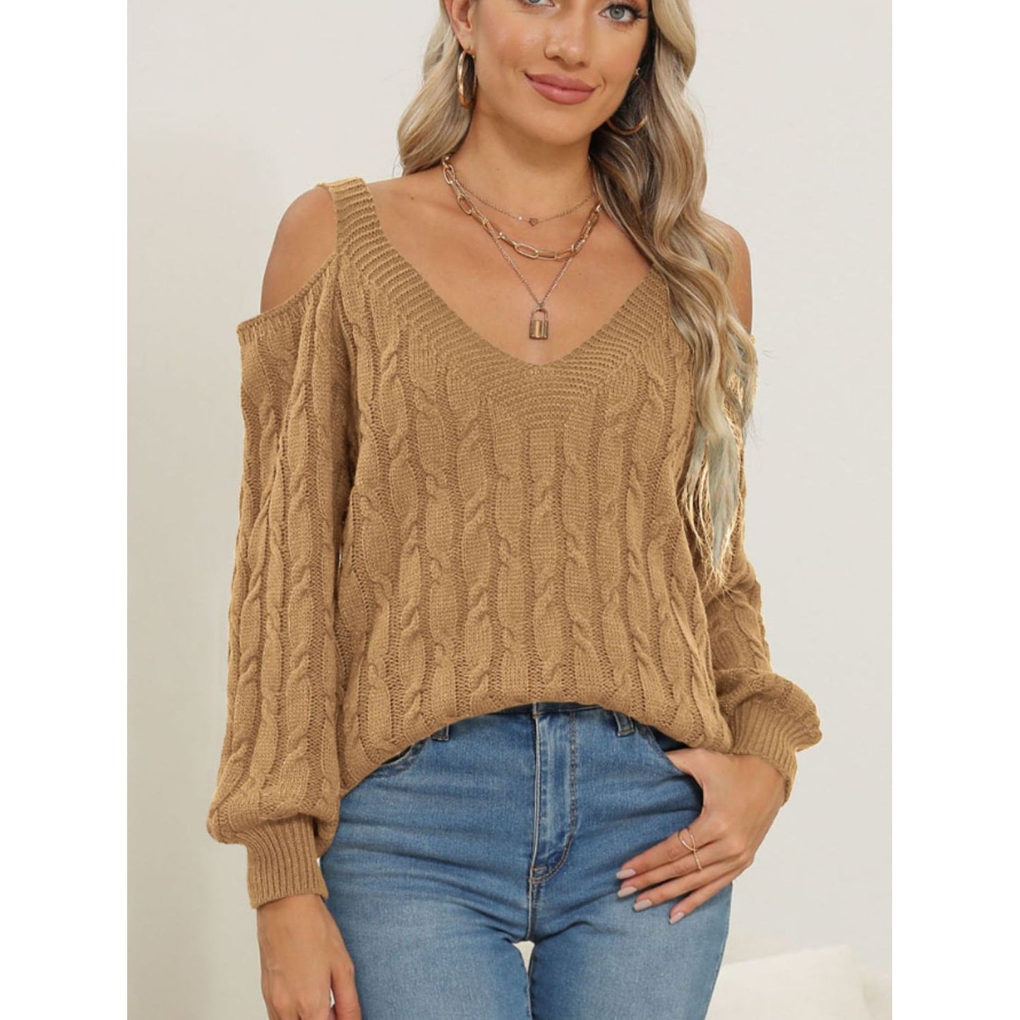 Cable-Knit V-Neck Long Sleeve Sweater