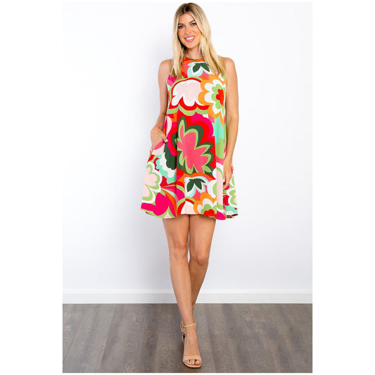 Be Stage Full Size Floral Sleeveless Mini Dress with Pockets