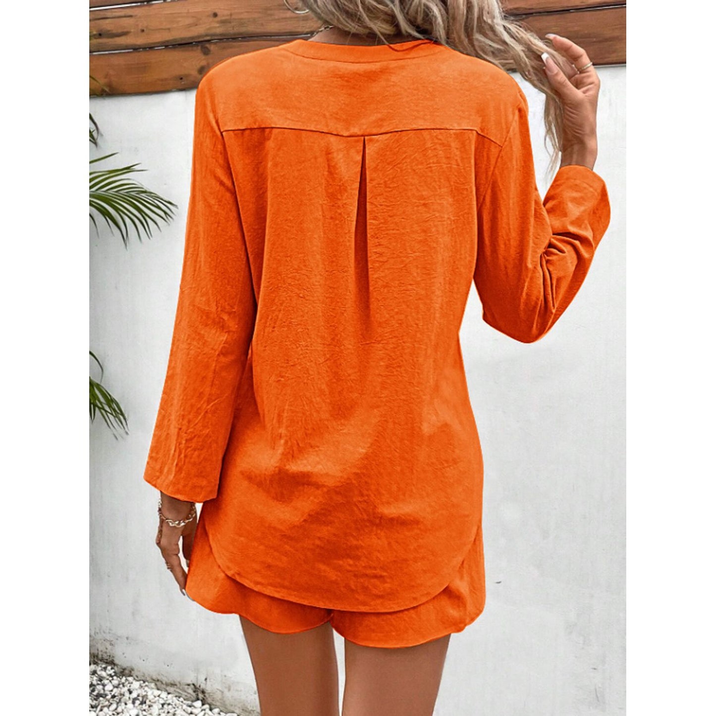 Notched Long Sleeve Top and Shorts Set