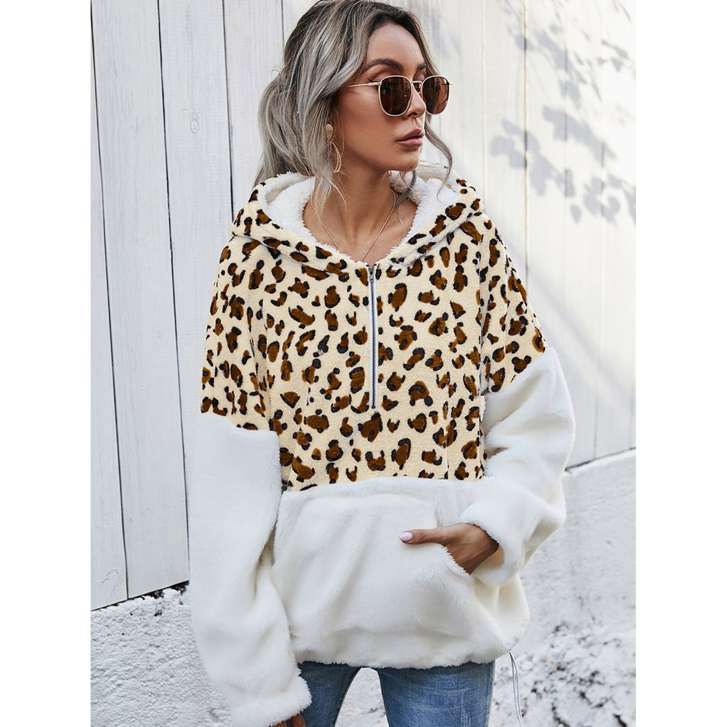 Shiny Leopard Half-Zip Dropped Shoulder Hoodie