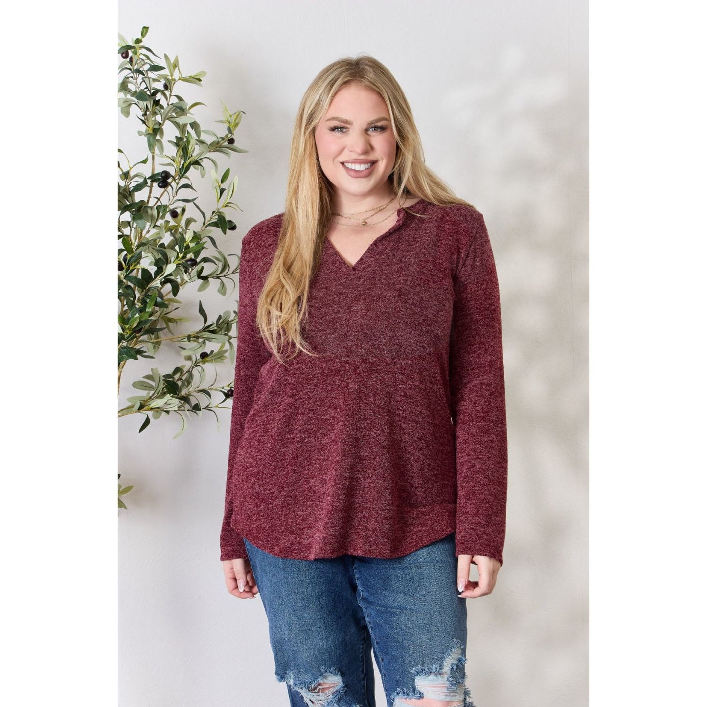 Heimish Full Size Notched Long Sleeve Top