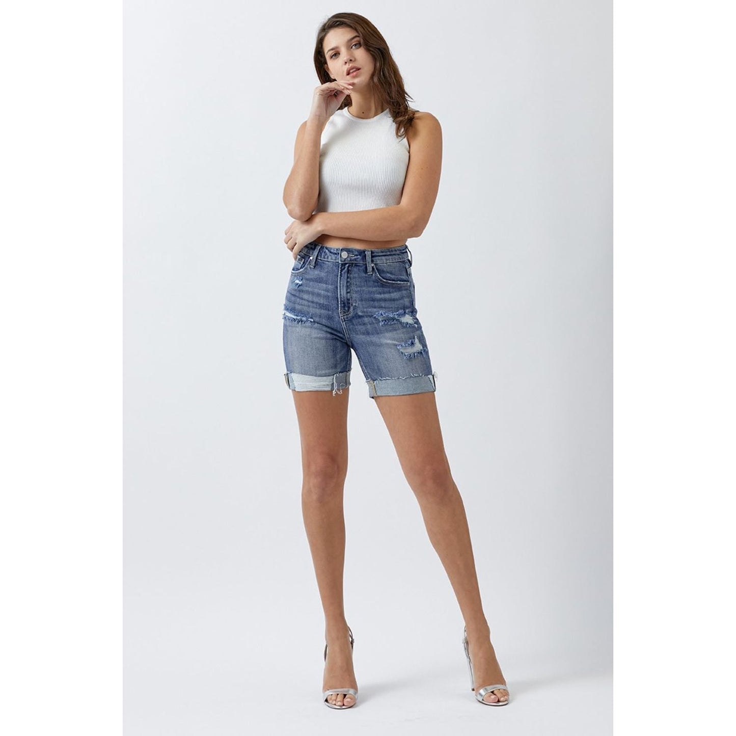 RISEN Full Size Distressed Rolled Denim Shorts with Pockets