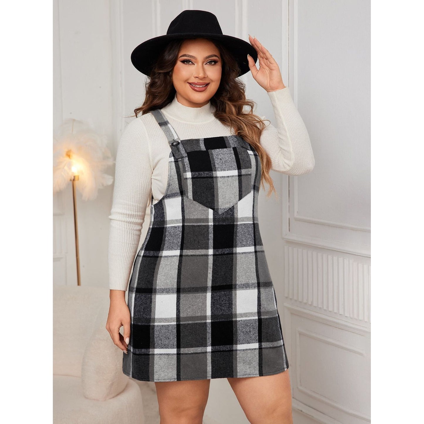 Honey Plus Size Plaid Wide Strap Overall Dress