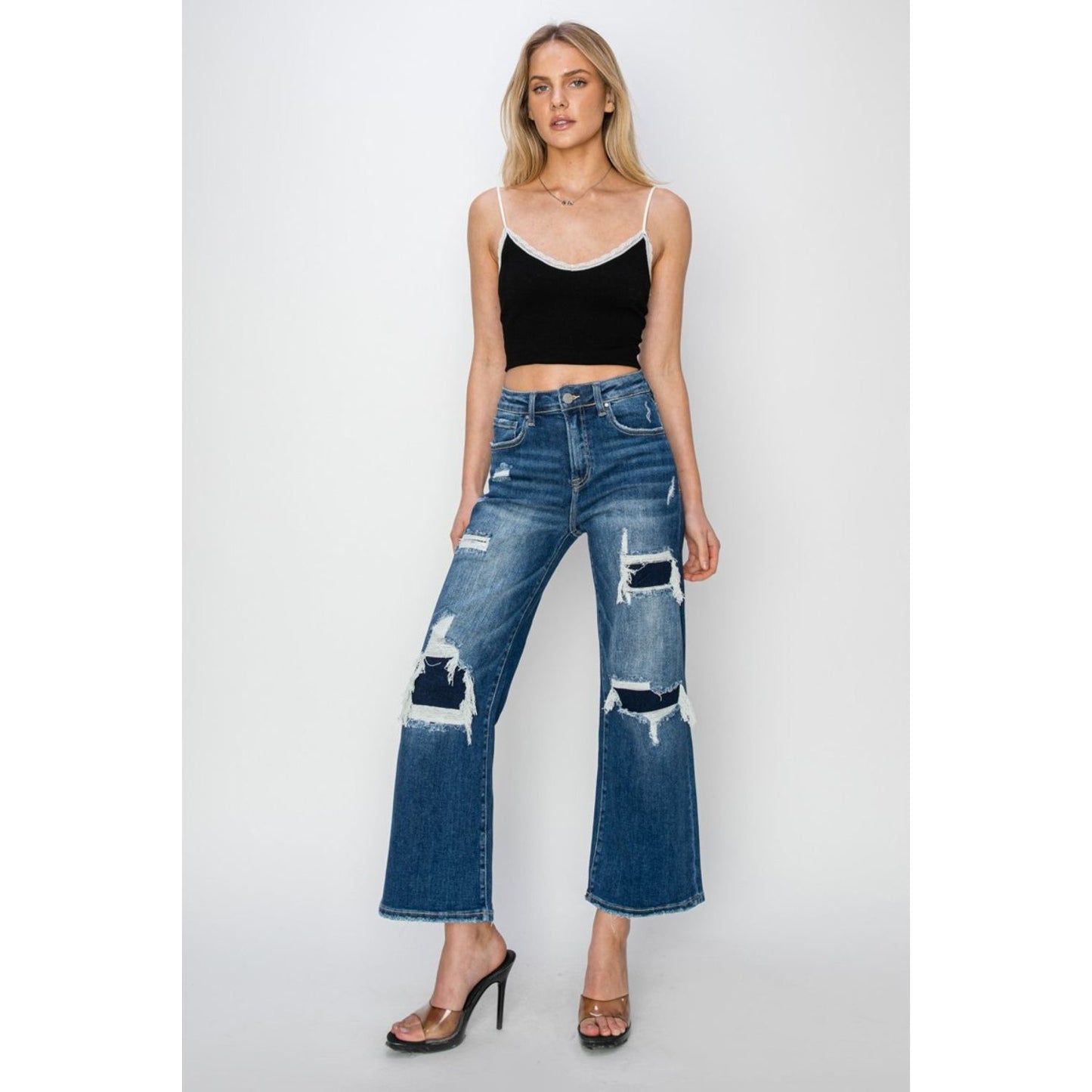 Risen Full Size High Rise Patch Detailed Wide Leg Crop Jeans