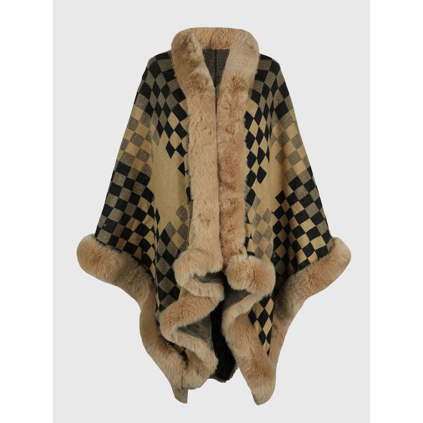 Checkered Faux Fur Trim Poncho