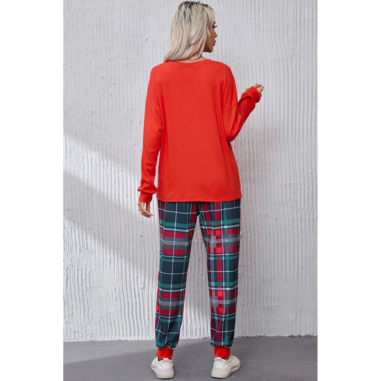 ALL IS BRIGHT Round Neck Top and Plaid Pants Lounge Set