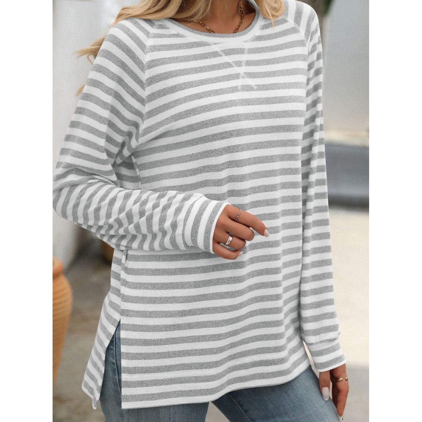 Mandy Striped Round Neck Long Sleeve T-Shirt