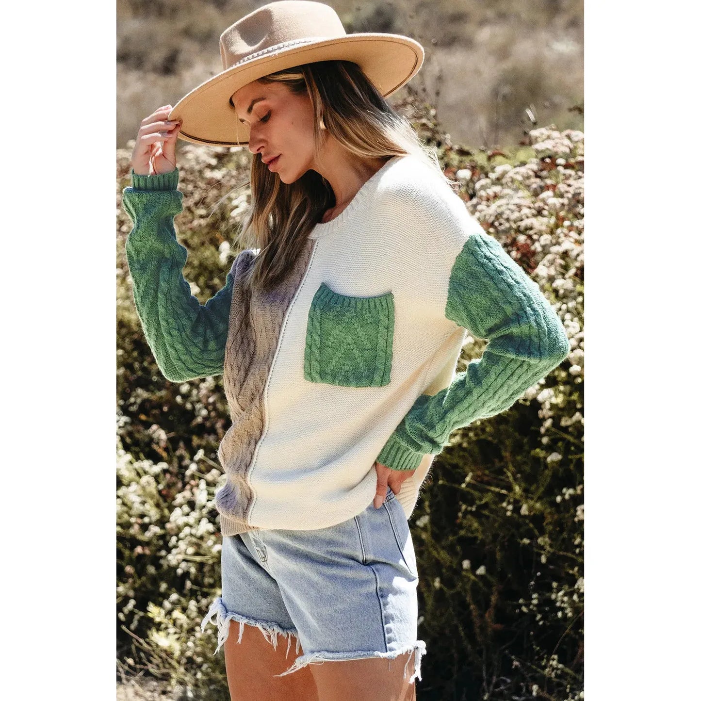 Color Block Round Neck Long Sleeve Sweater