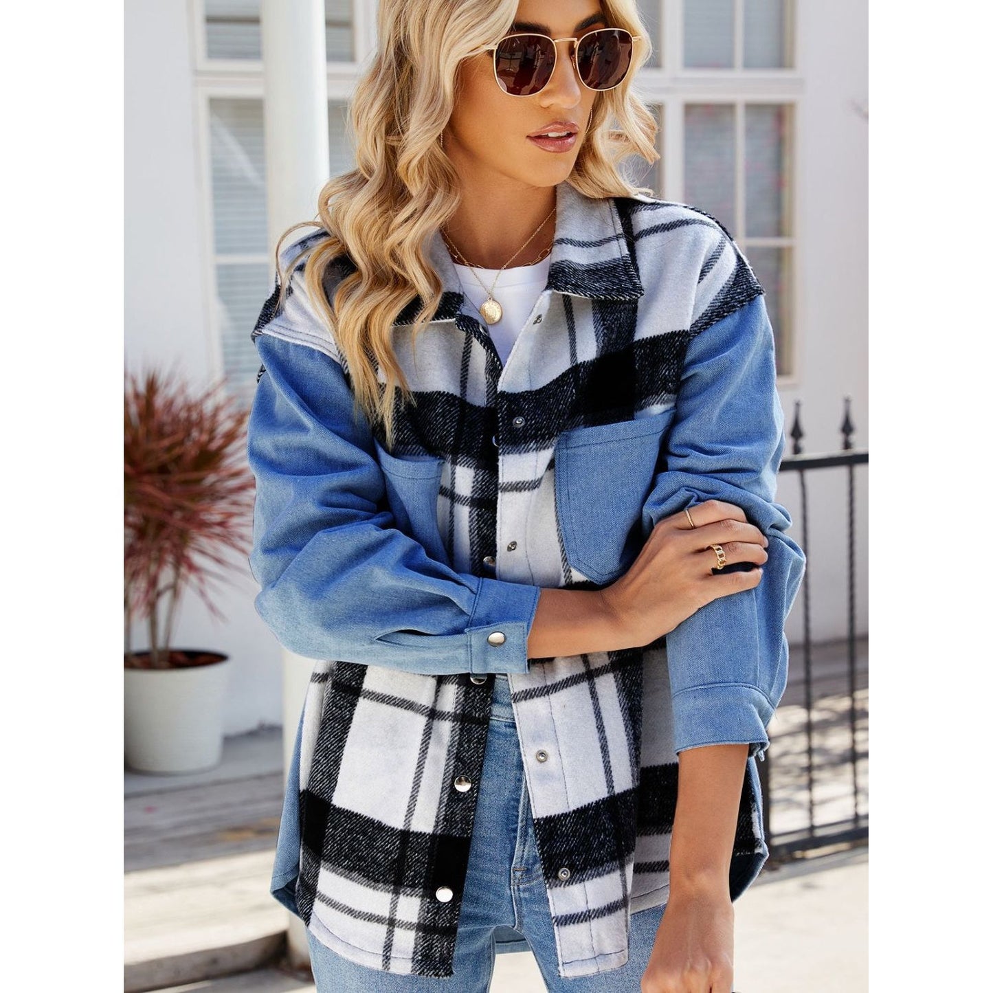 Pocketed Plaid Snap Down Denim Jacket