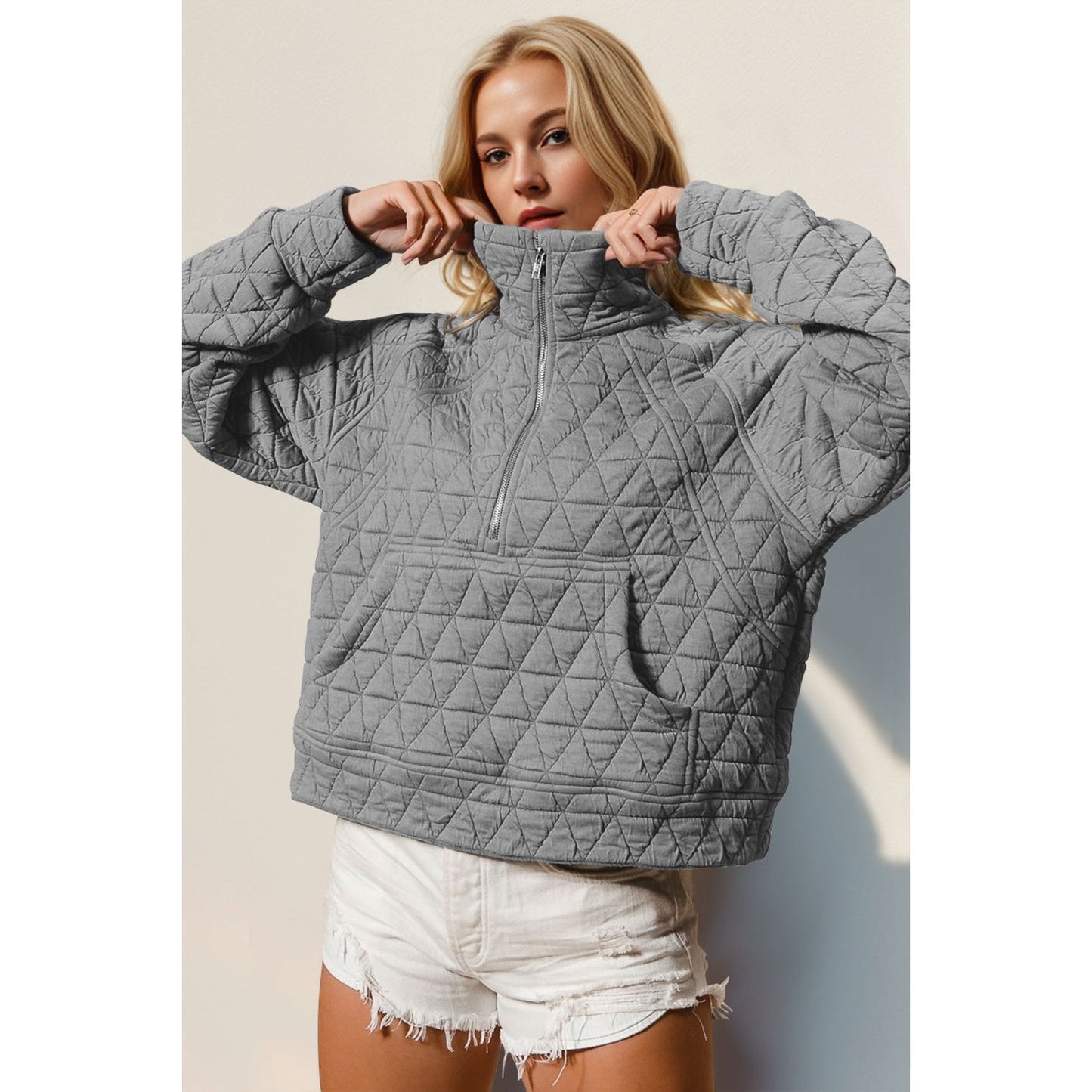 Double Take Half Zip Long Sleeve Quilted Sweatshirt with Pocket